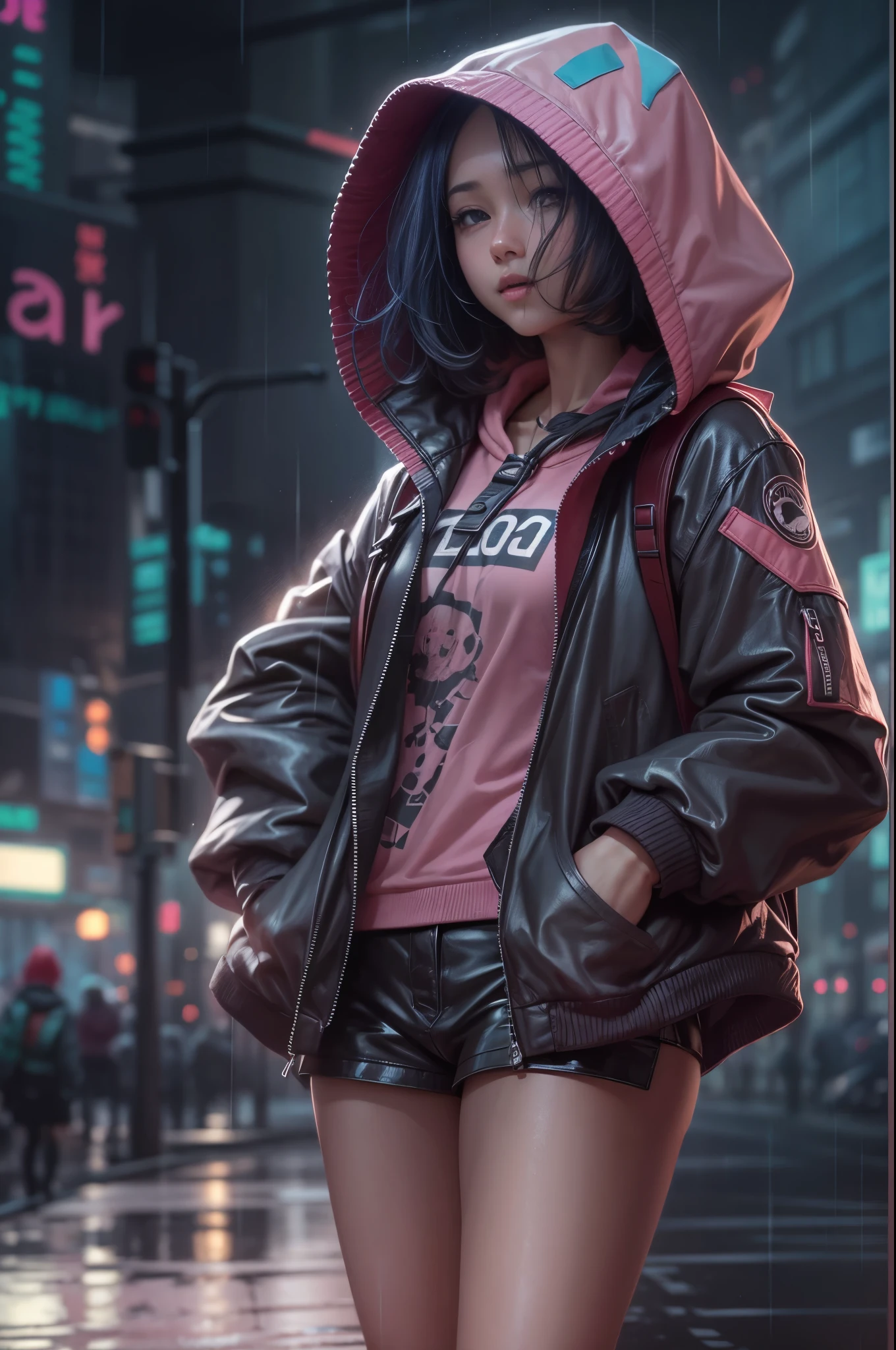 1 girl,pink jacket,dark clouds,rain,Laughter,hoodie,miniskirt,Martin shoes,Open jacket,Backpack without hair,8k resolution,Very detailed content,anatomically correct,Clear images,number,Concept Art,Popular trends on pixiv,masterpiece, best quality, In cyberpunk cities,