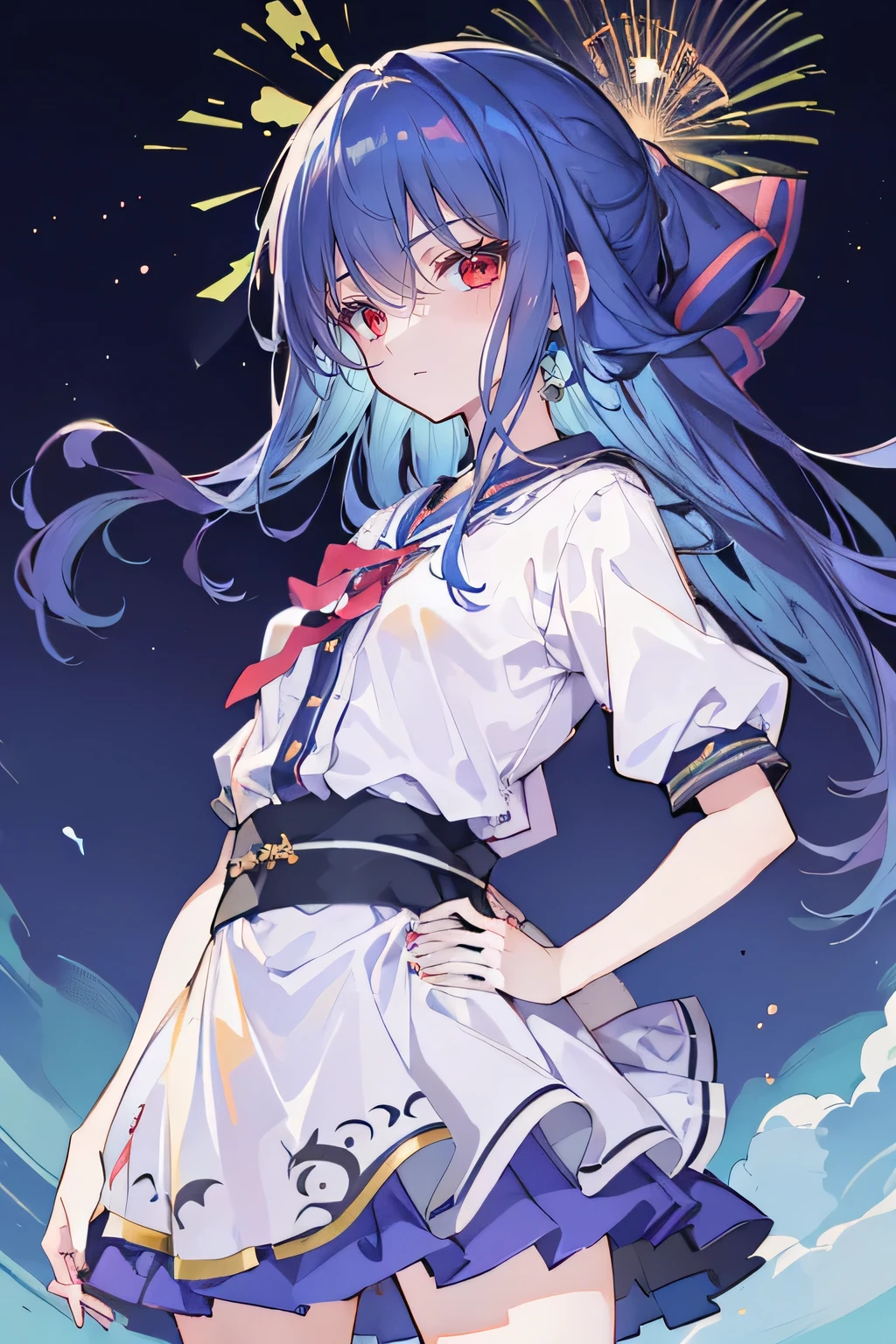 (best quality, masterpiece:1.2, expressive eyes, perfect face, 1 girl, hands on waist, beautiful, gorgeous, Japanese anime, girl, Lola, Hinamori Angel, blue hair, floating clothes, grabbing waist, grabbing waist, hands on hips, hands on hips, flat-chested, night, fireworks)