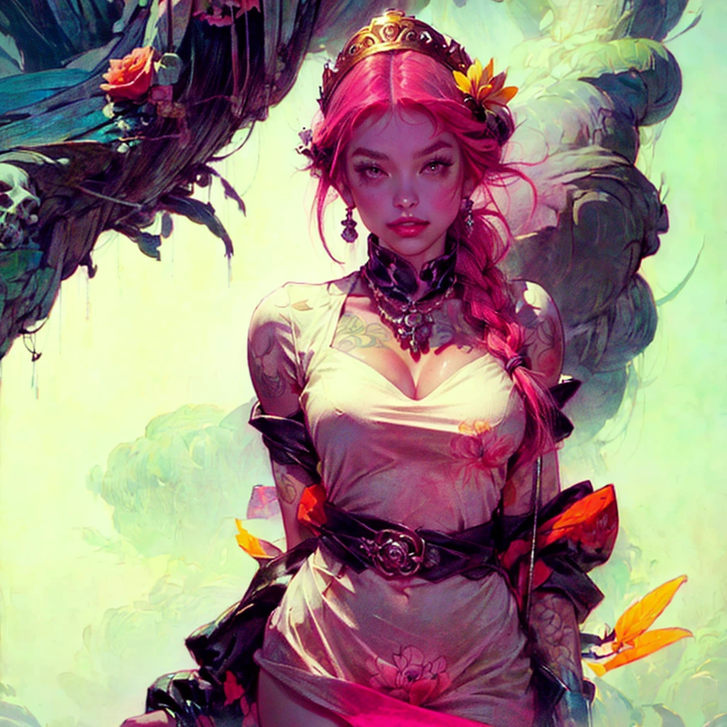 ((Create a picture, a masterpiece), (1 girl - standing at full height, relaxed pose), (Girl with long pink hair, crown, princess, detail), (1 girl, tattoos, glowing tattoos, shiny, white-fluffy 16 +), (pink transparent short dress-clothes)) (sexy, erotic), (cute style, colorful))_((long pink hair, braided), (Best quality ), (intricate details))_((Red and white clothes)), ((clothes)), ((thigh-high stockings)), ((Round eyes)), ((Beautiful face, happy, cute face)), (pin-up, perfect face, portrait on a plain background, postcards, bubblegum))_((tattoos, down clothes:1.2))_((green:1.5, orange:1.1, white:1.3, yellow:1,3), (flowers, leaves, fog, lines, circles, background)) _((stylization; clear line, clear outline, high-quality line drawing))_((simple color palettes), (color fill, Saturation of color, harmony, balance), (rich pastel colors, Pure colors))_((sexy, erotic), (simple), (Necklaces and thin rings made of silver or gold), (bracelets, unusual designs))_(( background), (skulls, Flowers), (abstract), (stunning flowers), (lilies, extremely unusual, long stems - large stems, skulls, Flowers)).
