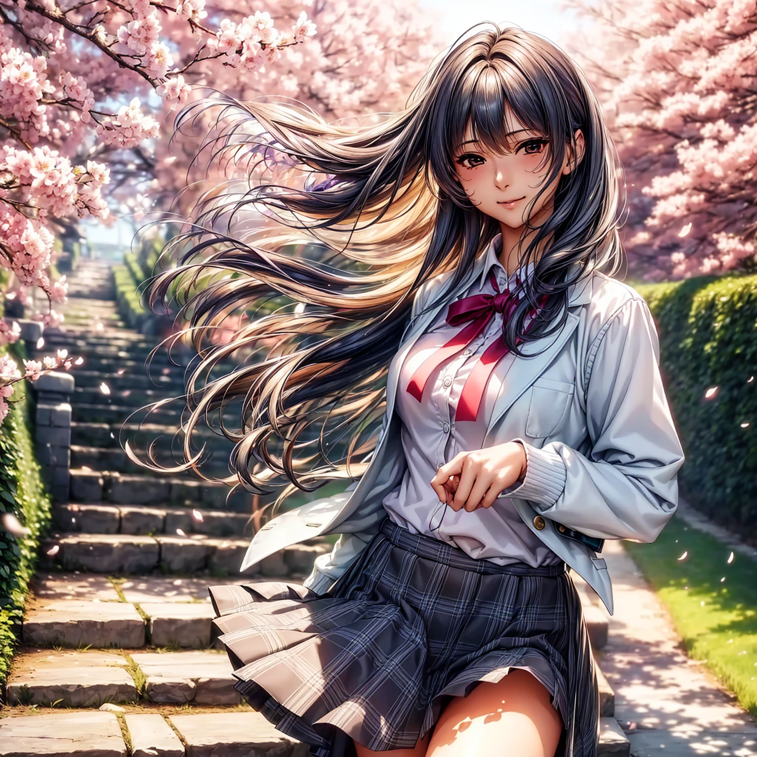 (((highest quality、masterpiece、Very high resolution、High-definition images)))、Beauty Painting、(One strong, beautiful woman:18-year-old、Beautiful body:Slender, beautiful breasts and beautiful legs、Beautiful Face:smile、eyes with strong will,Beautiful Hair)、best skin and hair texture,Realistic skin texture,realistic hair texture、(High School Uniform:White blouse:ribbon:cardigan:blazer:Plaid pleats)、Beautiful cherry blossoms並木:Stone steps、Beautiful cherry blossoms、Beautiful sky、Natural light、Beautiful viewodel pose、Beautiful pose、Model shoot、Gravure photoshoot、(((The wind is blowing))),Accurate Images:1.5、Accurate anatomy:1.5、Flawless images、Perfect image、Overall image、(Best Shot、Raw photo、Photorealistic)1