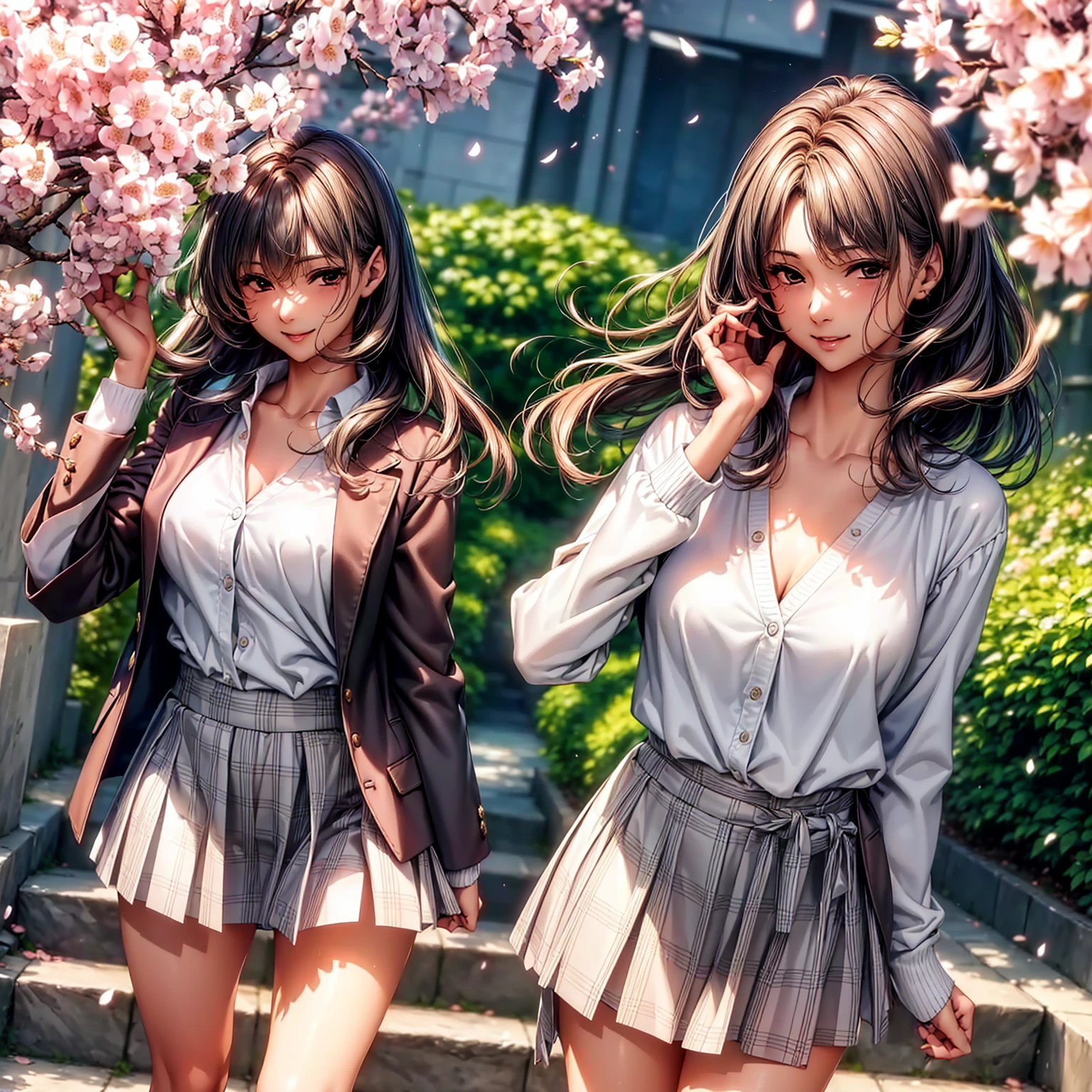 (((highest quality、masterpiece、Very high resolution、High-definition images)))、Beauty Painting、(One strong, beautiful woman:18-year-old、Beautiful body:Slender, beautiful breasts and beautiful legs、Beautiful Face:smile、eyes with strong will,Beautiful Hair)、best skin and hair texture,Realistic skin texture,realistic hair texture、(High School Uniform:White blouse:ribbon:cardigan:blazer:Plaid pleats)、(((The wind is blowing:Skirt lifted:I can see your underwear:Lace panties、Panty shot)))、(garden、Cherry blossom trees)、Beauty Painting、Realistic portraits、Dynamic Angle、Natural light、Beautiful Landscape、Beautiful colors、Overall image、Accurate Image、Accurate anatomy、Flawless images、Perfect Image、Overall Image、(Best Shot、RAW Photos:1.2)