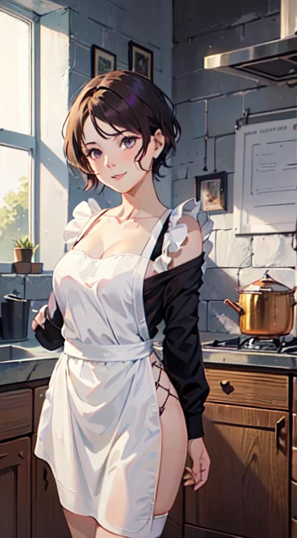 ((((masterpiece, best quality, high resolution)))), 1girl, white hair, purple eyes, bob cut, wavy hair, average breasts, blush, light smile, parted lips, glow, thighs, bare shoulders, collarbone, narrow waist, cleavage, (masterpiece), (beautiful detailed face, beautiful detailed eyes), (naked apron, kitchen, arms behind back,)