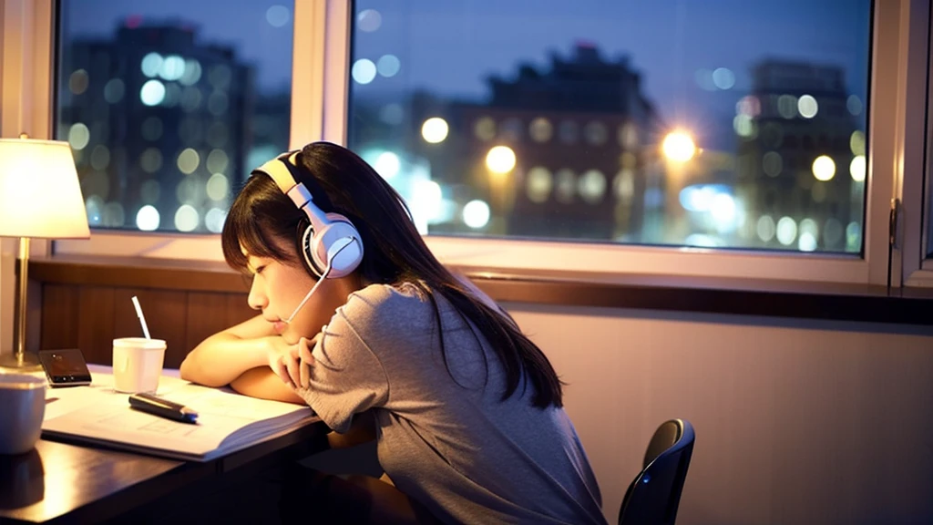 A cute Japanese girl studying or working at her desk、relax、night、Real、focusing、Gentle feeling、wearing headphones、Side view、There&#39;s a kitten nearby