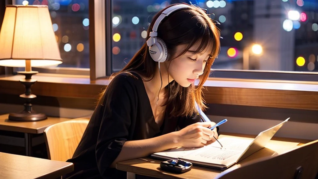 A cute Japanese girl studying or working at her desk、relax、night、Real、focusing、Gentle feeling、wearing headphones、Side view、LO-FI photos、窓の質はnightの街、2 a.m.、Straightening of the back