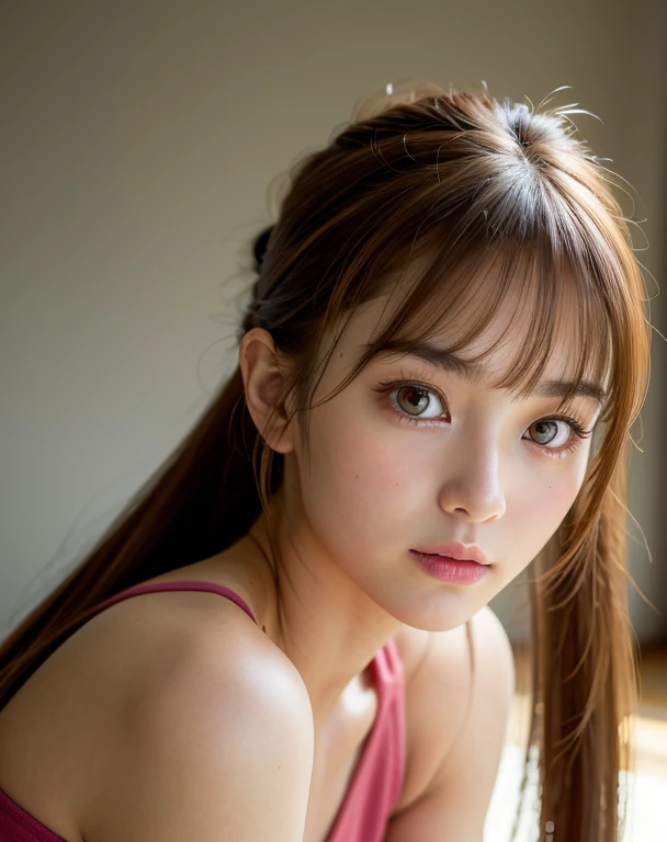 highest quality, Face Focus, Soft Light, Ultra-high resolution, (Realistic:1.4), RAW Photos,
1 Japanese girl, alone, cute, (pupil, Light in your eyes), Beautiful face in every detail, (),(High resolution detail of human skin texture),
(Long Hair),Ponytail indoors,
camisole,From above
(Portraiture)