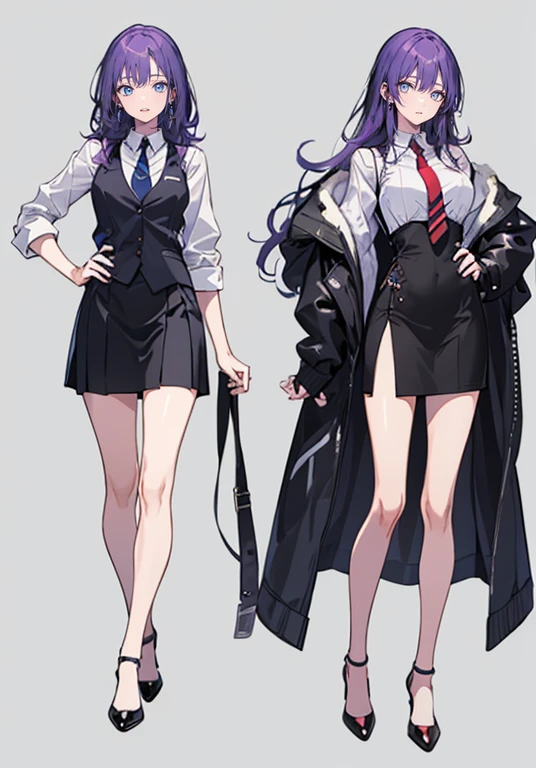 ((Perfect Face)),Purple Hair,voluminous long hair,Adult female,bartender,suit,Black vest,Shirt with rolled up sleeves,tie,slit,High heels,,((Simple Background)),smile,((whole body)),((whole body)),Portraiture,virtual,upright,,both arms are down,Standing upright with face and body facing forward,