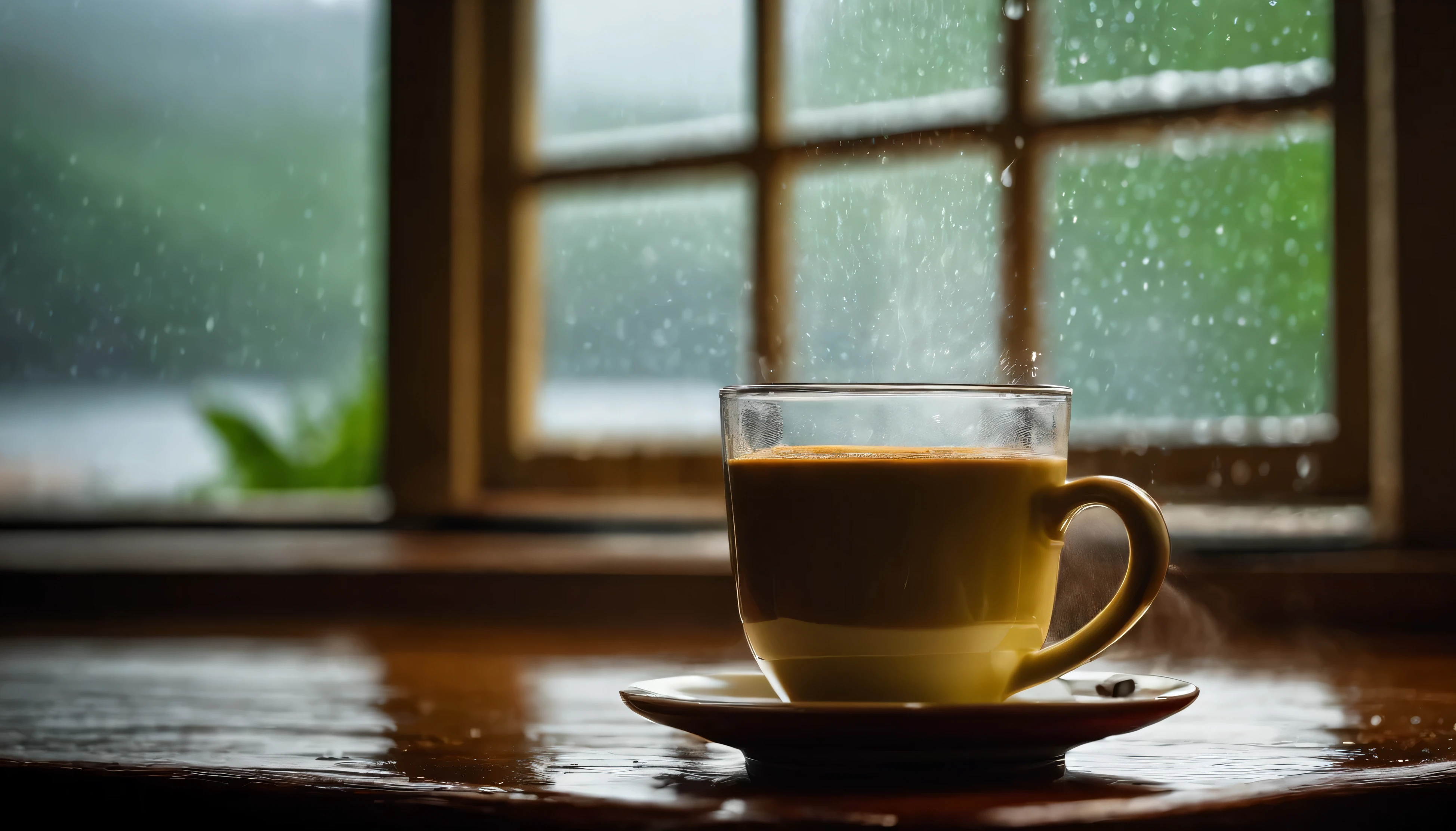 Steaming cup of coffee in front of a vintage window rainy day