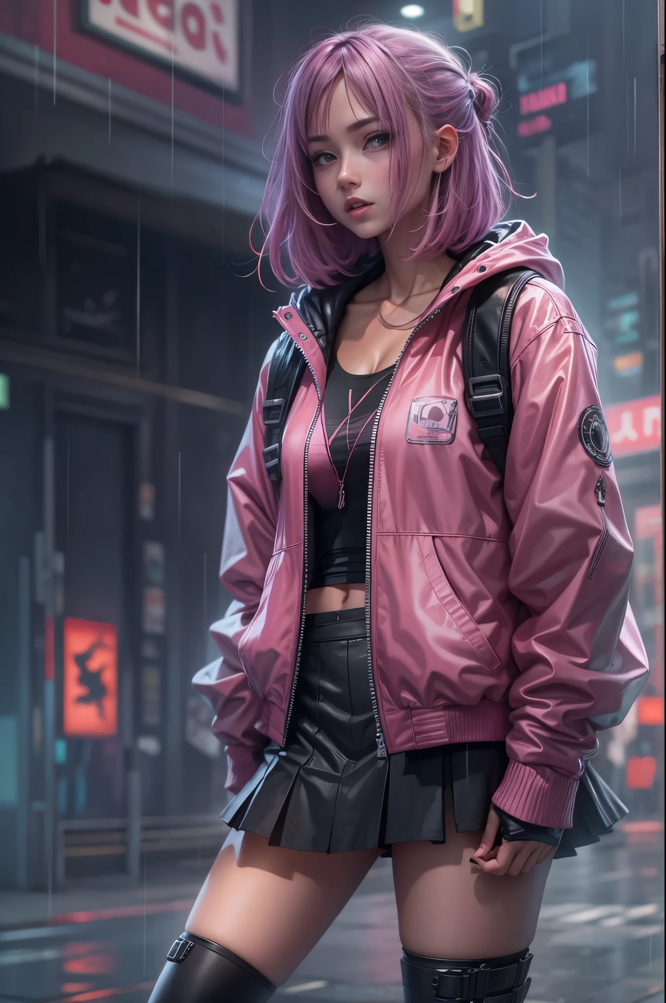 1 girl,pink jacket,dark clouds,rain,Laughter,hoodie,miniskirt,Martin shoes,Open jacket,Backpack without hair,8k resolution,Very detailed content,anatomically correct,Clear images,number,Concept Art,Popular trends on pixiv,masterpiece, best quality, In cyberpunk cities,