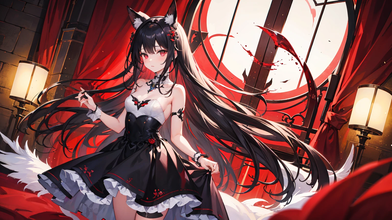 A girl,masterpiece, Top quality, Very detailed, Unity 8K Wallpaper,Standing,Medium chest,Black long hair,Girl,Black Strapless Lace High Slit Silk Wedding Dress,Black knee socks,Black feathers floating in the air,Blood-red thorn halo,Long back pendulum,Blood-colored pupils,Blood,Blood Moon