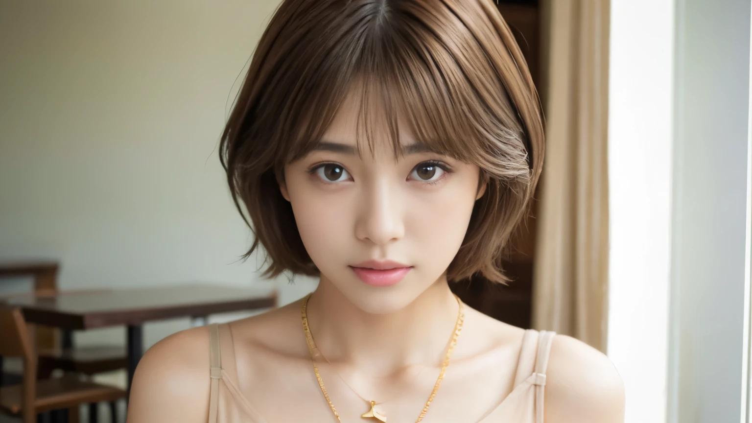 (masterpiece:1.3)、(8k、Photorealistic、Raw photo、highest quality: 1.4)、(Short-haired Japanese college student)、Beautiful Face、(A vivid face)、(brown hair:1.5)、(Medium Hair)、Realistic brown eyes、Beautiful details、(real skin)、Beautiful skins、Absurd、attractive、Embarrassing、High resolution、Surreal、High Detail、Golden Ratio、Fashion magazine photoshoot in cafe、neat clothes、Simple Necklace