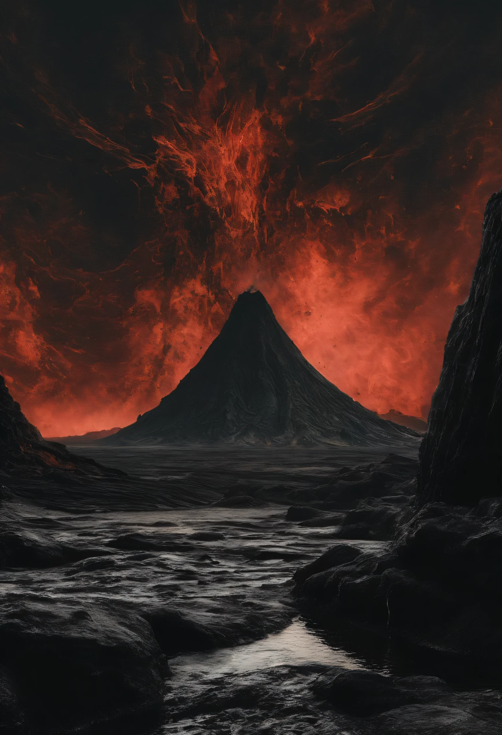 （Giant volcanic eruption：1.37），（Undersea volcanic eruption),Four pieces of hot magma，Scorched black rock， (Sky volcanic ash），（rolling waves：1.0），Fire red sky，destroy，inverted image，Epic graphics，shocking effects，,Photography,Barnett S..，Photorealism,Imaginative,Otherworldly,Image from the work of Darren Aronofsky,Quixel Megascans Render,The picture is from Roger Deakins's work,Bottom view（high light） - AR 9:16 --V 5.2 --Upper Beta --Stop 80
