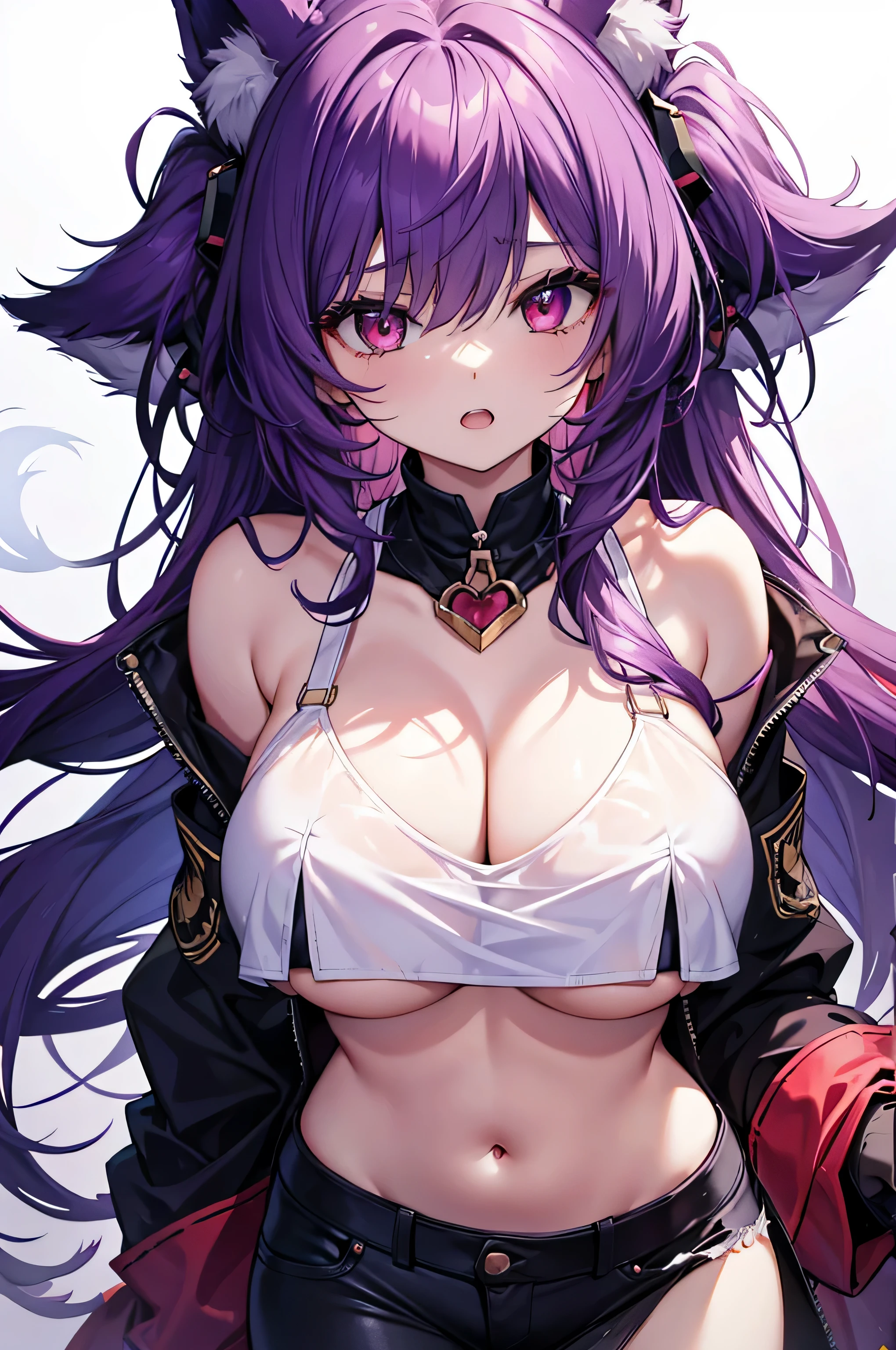 Fox Girl, Large Breasts, Voluminous purple hair, masterpiece , Red eyes, hd, Head to Chest, buried in my chest、Underboob、Double teeth、tooth、crop tops