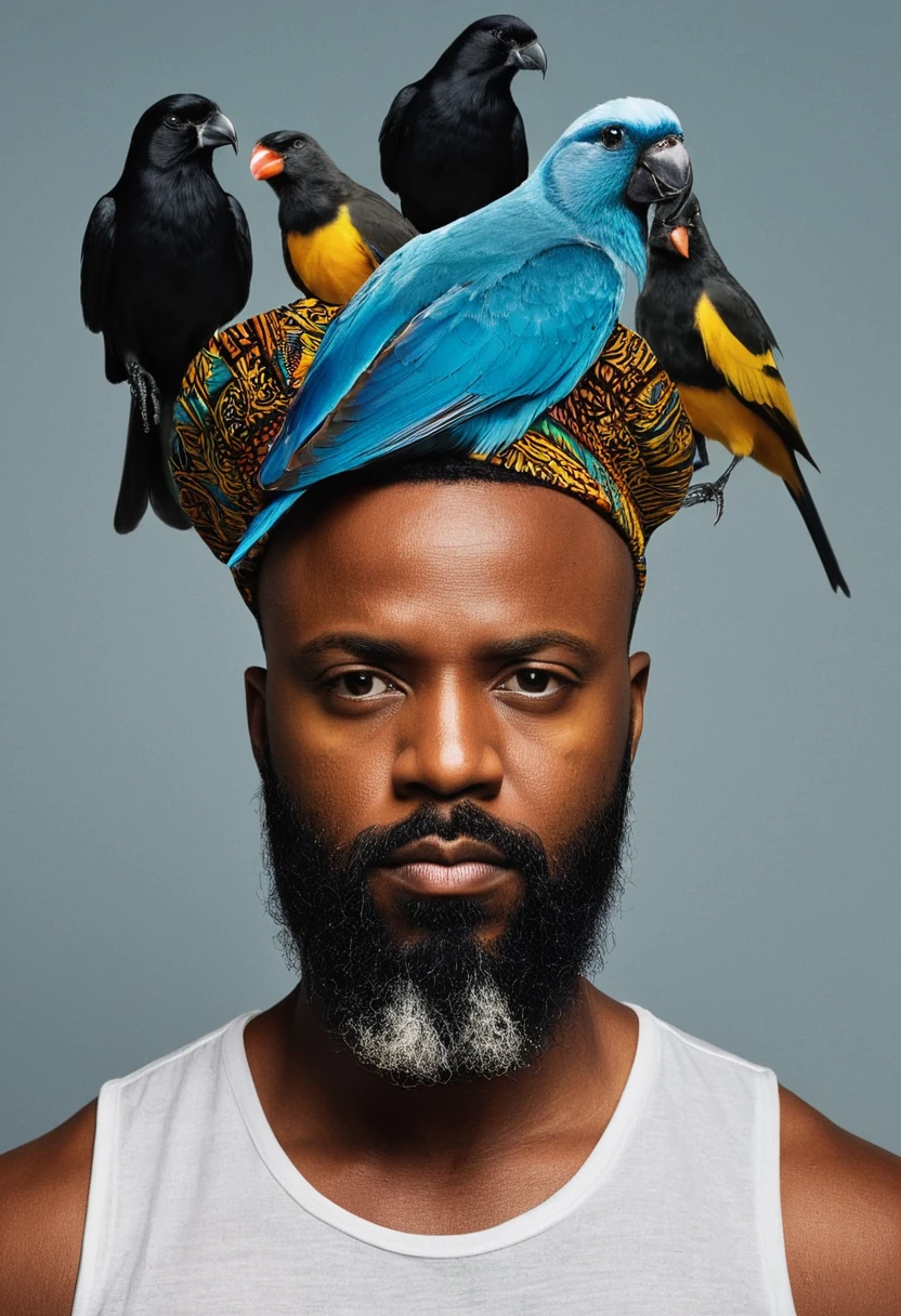 there is a man with a beard and a bird on his head, ((oversaturated)), album art, taken in the early 2020s, hi mark ( akwaaba tommy ), headshot profile picture, wakanda, inspired by Ras Akyem, edited, edward buba, internet meme, digital art but photo, african jesse pinkman portrait