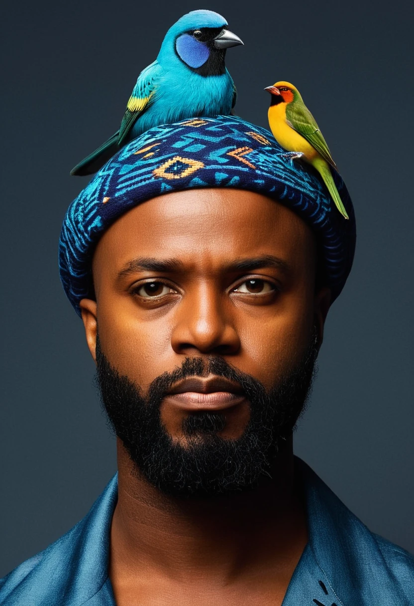 there is a man with a beard and a bird on his head, ((oversaturated)), album art, taken in the early 2020s, hi mark ( akwaaba tommy ), headshot profile picture, wakanda, inspired by Ras Akyem, edited, edward buba, internet meme, digital art but photo, african jesse pinkman portrait