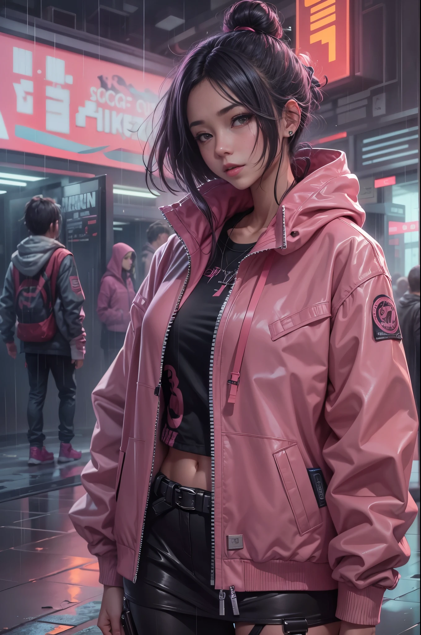 1 girl，pink jacket，dark clouds，rain，Laughter，hoodie，miniskirt，Martin shoes，Open jacket，Backpack without hair，8k resolution，Very detailed content，anatomically correct，Clear images，number，Concept Art，Popular trends on pixiv，masterpiece, best quality, In cyberpunk cities，