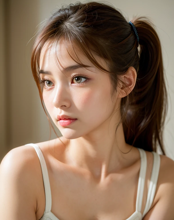 (Masterpiece artwork:1.3), (8K, Photorealistic, RAW photograph, Superior image quality: 1.4), High school girls in Japan、(random hairstyles:1.2)、chest neckline:1.2、gigante breasts:1.2、super detailed face、Eye of detail、double eyelid、Bring your chest together、sharp focus:1.2、beautfull woman:1.4、Light brown bun hair、maximum quality、Masterpiece artwork、超High resolution、(Photorealistic:1.4)、Highly detailed and professional lighting smile、Loose and light knits、Shoulder out、苗条、serious facial expression、shorth hair、Fatal position
