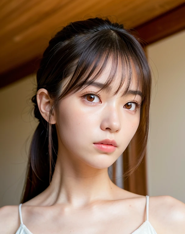 highest quality, Face Focus, Soft Light, Ultra-high resolution, (Realistic:1.4), RAW Photos,
1 Japanese girl, alone, cute, (pupil, Light in your eyes), Beautiful face in every detail, (),(High resolution detail of human skin texture),
(Long Hair),Ponytail indoors,
Red camisole,From below、
(Portraiture)