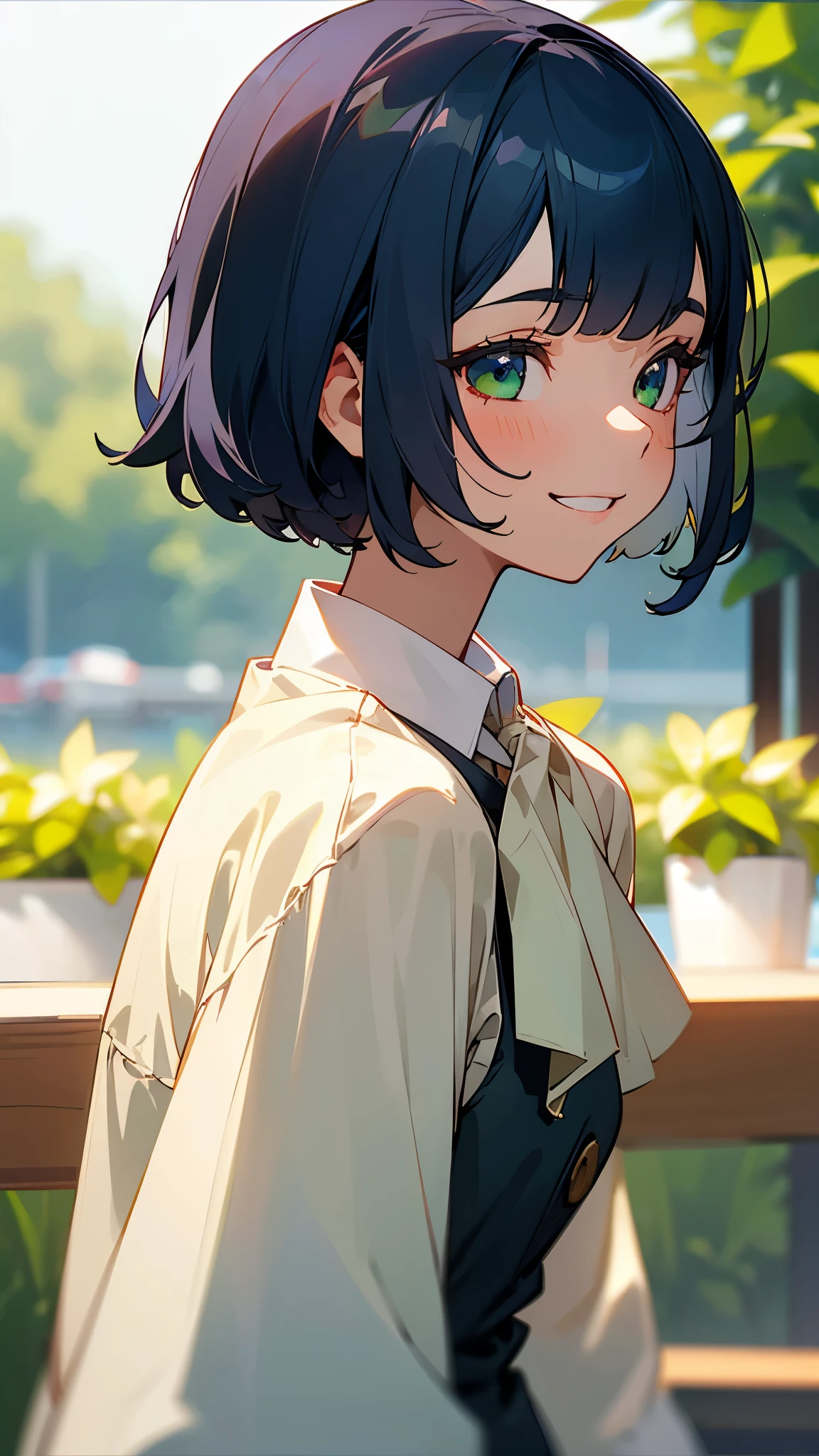 １girl、Dark Blue Hair、Bobcut、Beautiful green eyes、Grin、profile、Upper body close-up、Morning Cafe Terrace、Background bokeh, Depth of written border