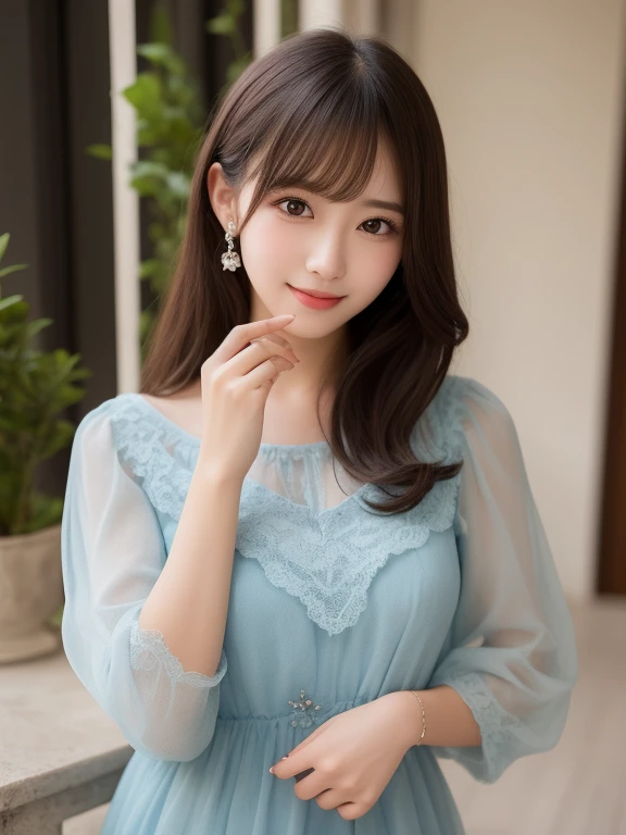 リアルな写真image quality、8kimage quality、Arafe woman in a pale blue dress, romantic dress, Cute and elegant pose, In a dress, Sexy Dress, adorable and cute, Light blue dress, Cute and adorable, Light Blue Gray, Japanese female fashion model, Sheer lace mini dress、Cute Smile、Beautiful Eyeedium long brunette hair、Professional Lighting、Detailed and gentle realistic facial expression、22-year-old fashion model、Idol、Hands, feet and beautiful face