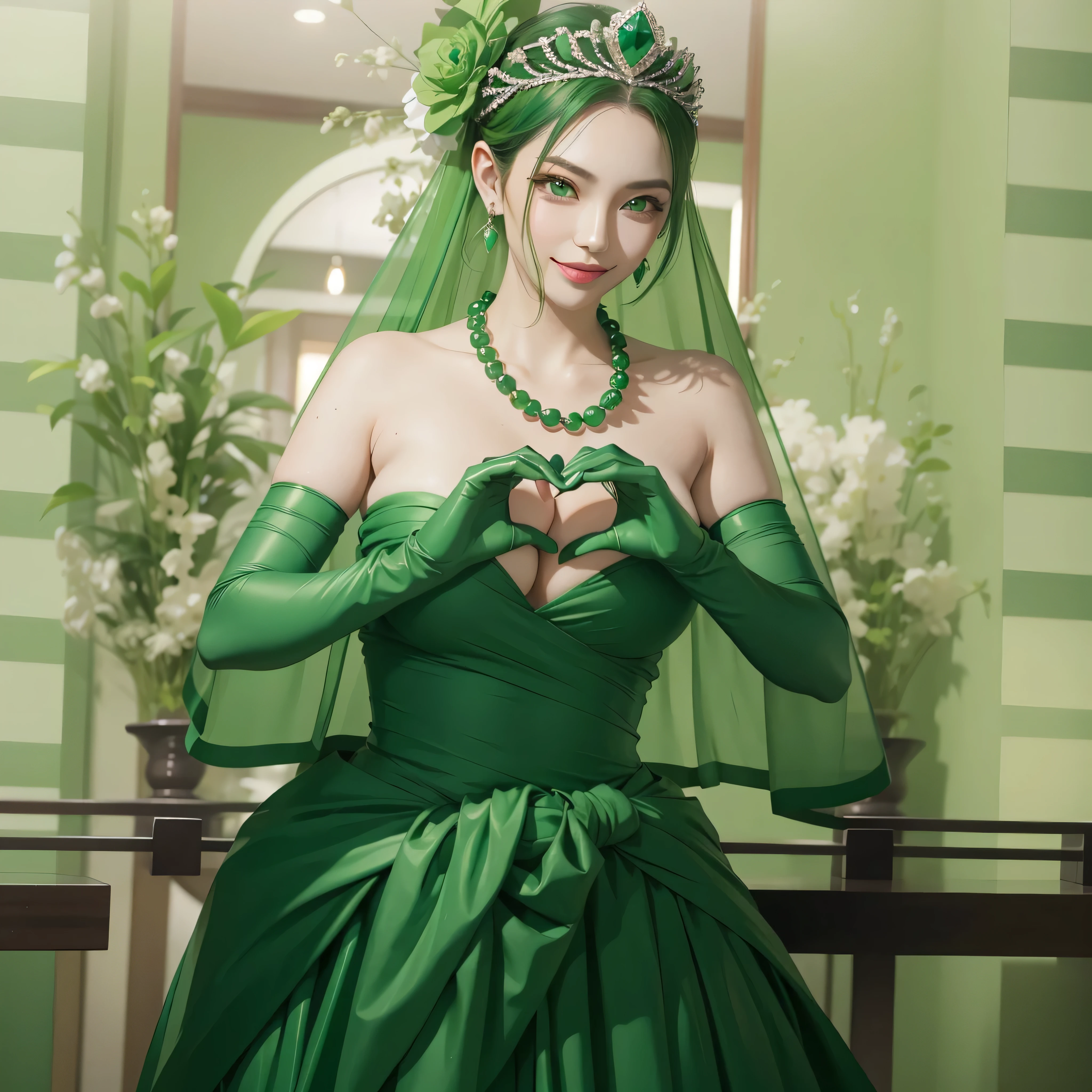 Emerald Tiara, green pearl necklace, boyish very short green hair, Green Lips, Smiling Japanese woman, very short hair, Beautiful woman with big breasts, green eyes, Green satin gloves, green eyes, emerald earrings, green veil, Heart with both hands, green hair, beautiful japanese woman, Heart shaped hands:1.3, green lip gloss