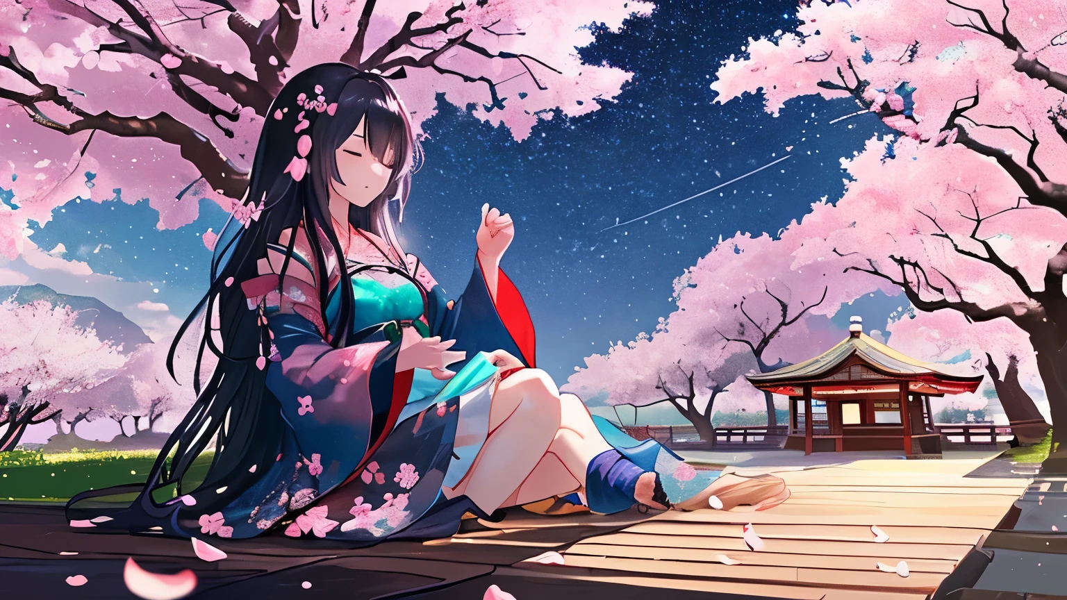 16 fantastic images that fit the following scene:Please create it in 9。
Under a starry sky、And a girl with long hair relaxing under a cherry blossom tree in full bloom, listening to music.、Her hair is blowing in the wind。