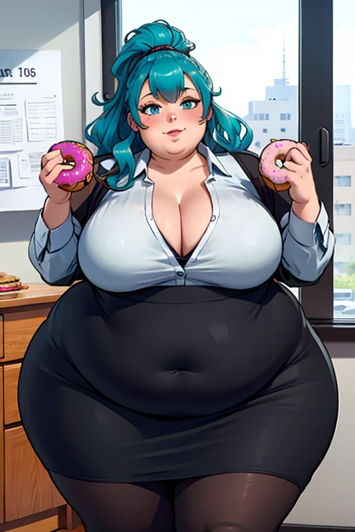 high_aesthetic, art by BetterWithSalt, 1girl, (aqua blue hair), long wavy hair, hair up, blue eyes, black pencil skirt, dress shirt, cleavage, (black pantyhose), happy expression, ((double_chin)), ((((fatblob)))), (immobile), ((wide_hips)), (holding donut), fancy office background with lots of windows, (cowboy shot), (best quality, masterpiece)
