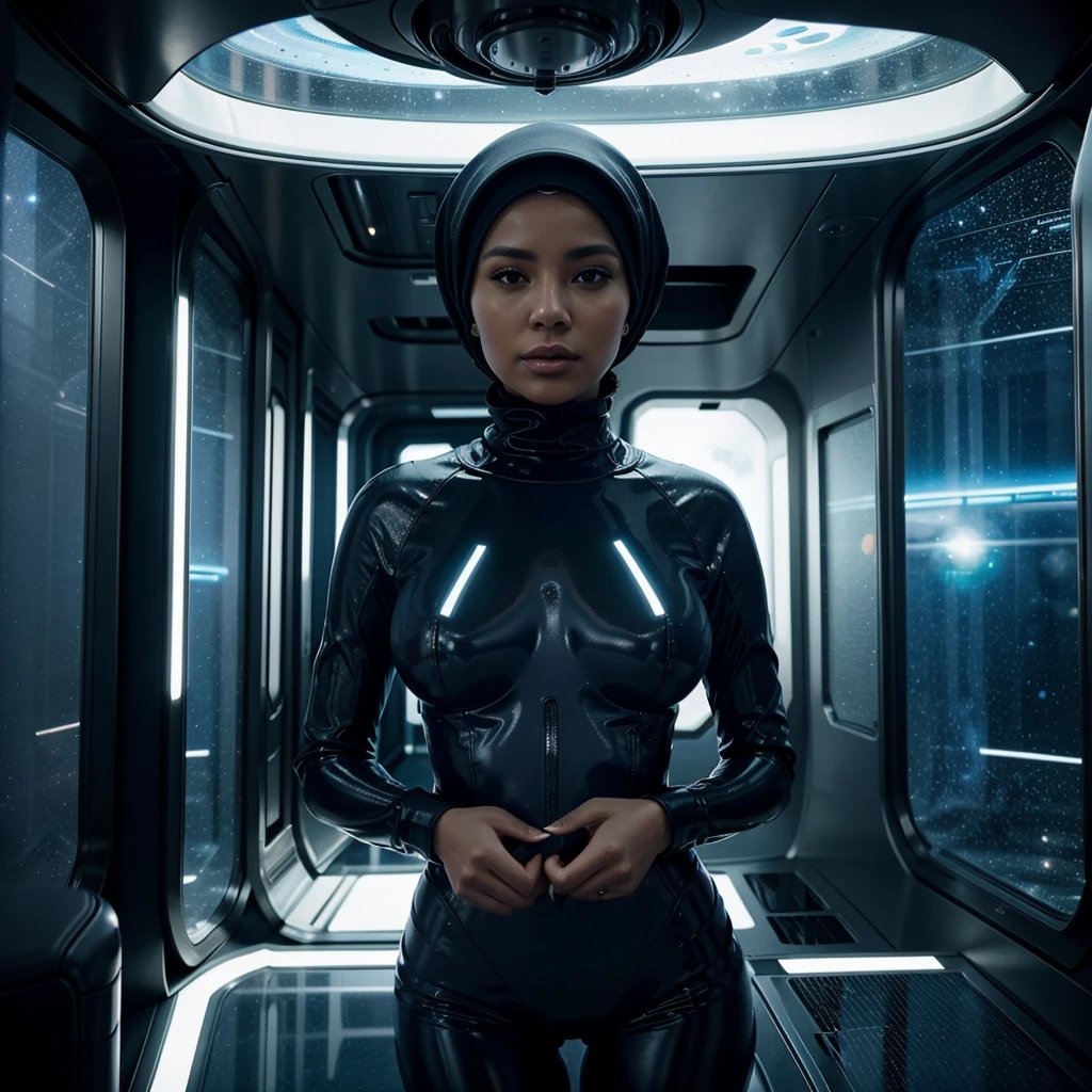 A busty woman, aged 40, from Malaysia, wearing a sexy space micro bikini with a hijab covering her hair, is looking out of a window on her spaceship. The window overlooks a blurred motion of the outside, indicating a high-speed interstellar journey. The woman's confident gaze and the expression on her face suggest a sense of adventure and excitement. The window is surrounded by blinking lights and high-tech gadgets, showcasing the advanced technology and futuristic aesthetic of the spaceship. The lights create a mesmerizing display, illuminating the woman's face and highlighting her intriguing presence. The space suit she wears sexy, small, sleek and form-fitting, emphasizing her curves and adding to the overall sensuality of the scene. The colors in the artwork are vibrant and dynamic, representing the vastness and beauty of the cosmos. Soft, ethereal blues and purples dominate the color palette, with occasional pops of bright and vivid colors. The lighting inside the spaceship is dim and atmospheric, casting dramatic shadows and enhancing the overall ambiance of the scene. The space ship itself is a marvel of engineering and design, with clean lines and futuristic shapes, seamlessly blending function and aesthetics. Overall, the prompt captures a compelling mix of sensuality and high-tech futurism, creating a visually stunning and captivating scene.