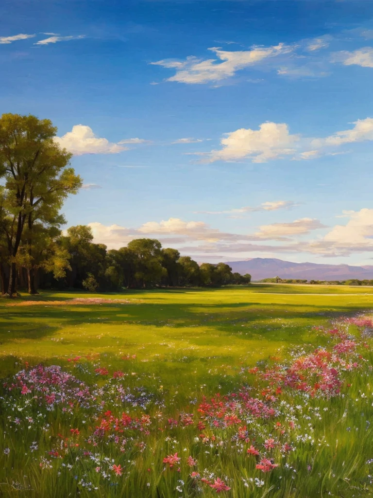 
A landscape showing a flowery meadow and a blue sky with single white clouds. The light is not warm, oil painting