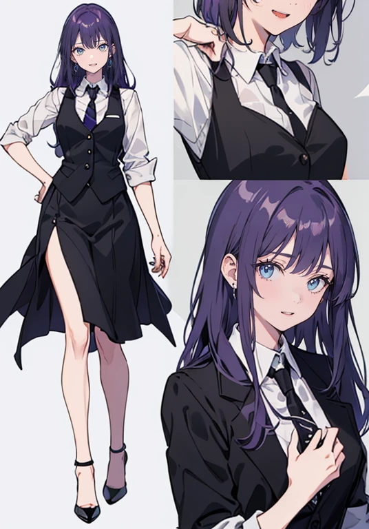 ((Perfect Face)),Purple Hair,voluminous long hair,Adult female,bartender,suit,Black vest,Shirt with rolled up sleeves,tie,slit,High heels,,((Simple Background)),smile,((whole body)),((whole body)),Portraiture,virtual,upright,,both arms are down,Standing upright with face and body facing forward,