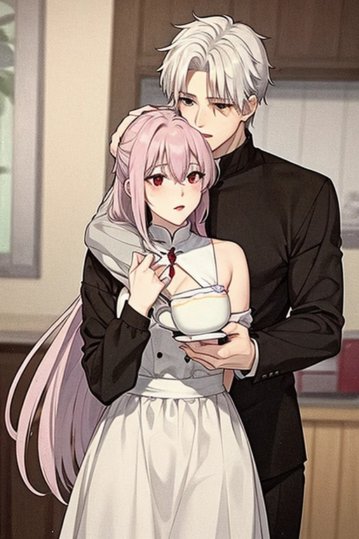 A young white haired handsome man with red eyes in a magic uniform is kissing a pink haired woman with long hair and violet eyes with an hourglass figure in a Gothic dress in a flurry of peony petals