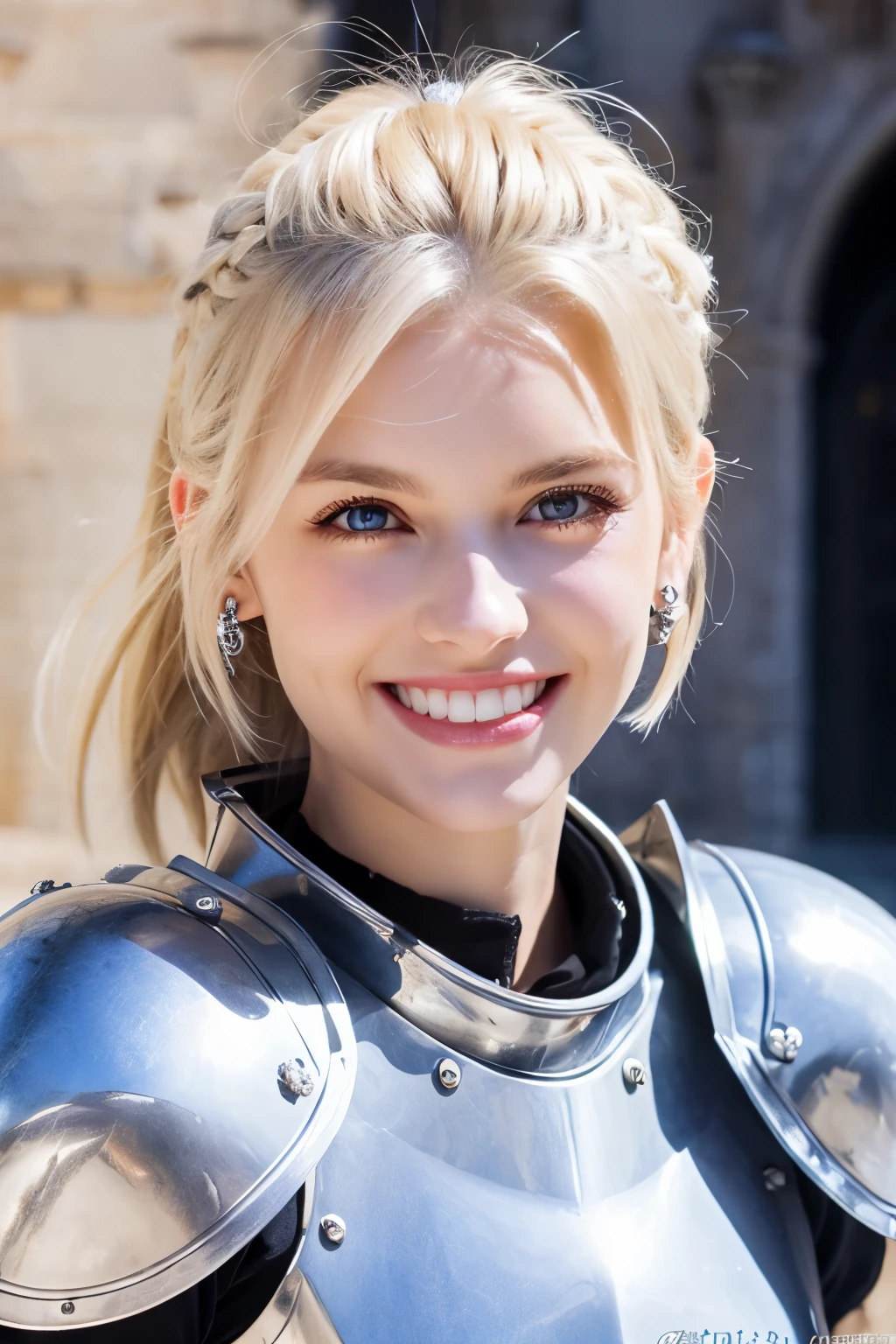 ８Ｋ、highest quality、female knight、Luxurious Silver Armor、、hairstyle short cut、smile、Beautiful Teeth、Full body photo、ear piercing、blonde、White woman、blue eyes、Heavy makeup、The background is inside the castle

