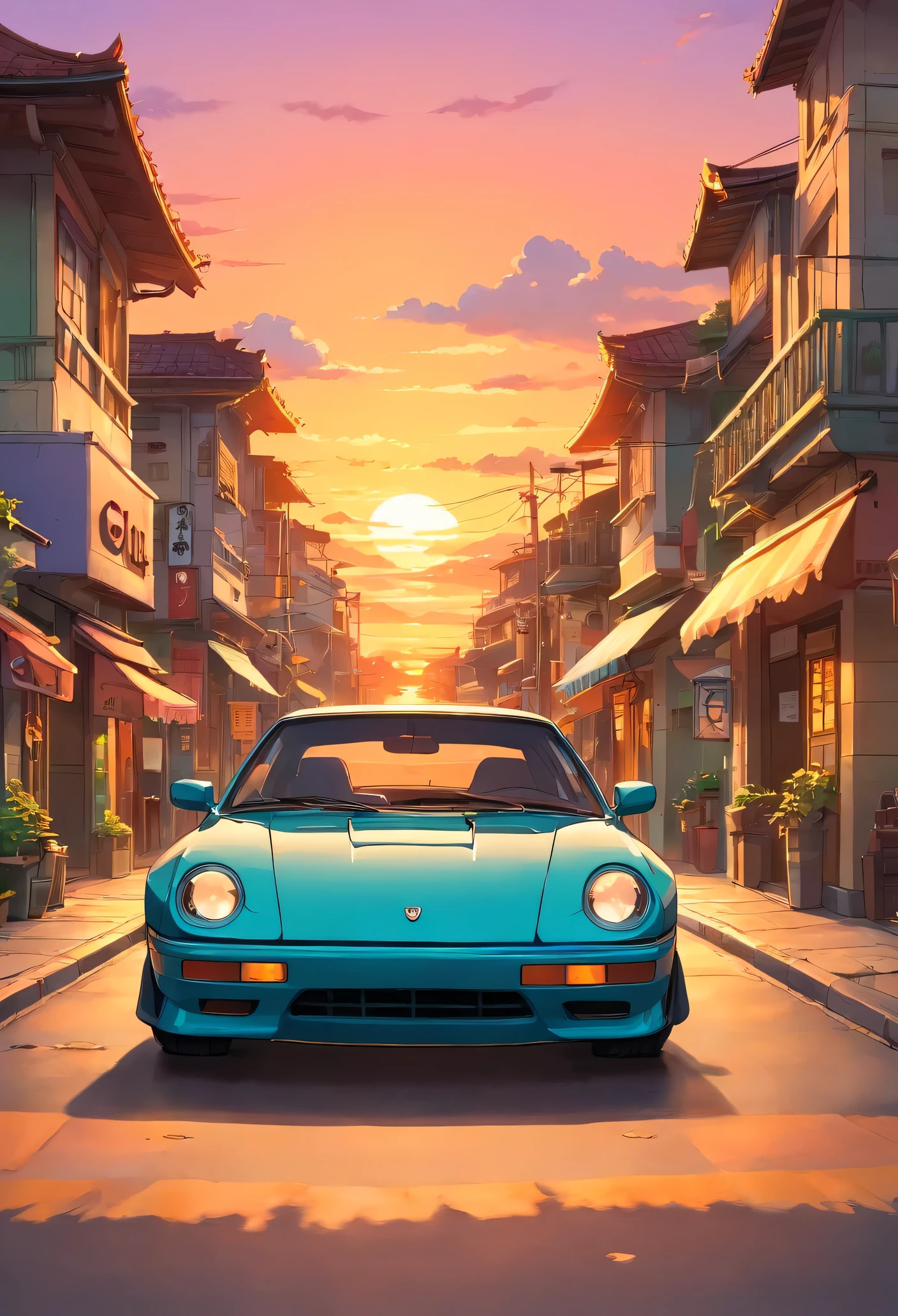 sticker design, JDM classic cars, Sunset background, palmeiras, 5 layers of color, Street corner drifting, Belek drums, Presin