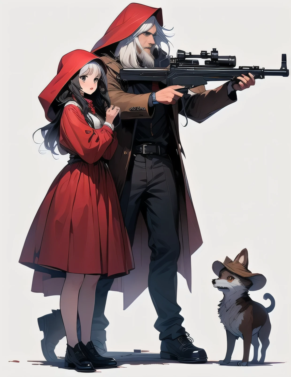 Little Red Riding Hood Girl and Uncle Hunt，Full body standing，Hunter&#39;s left hand holding wooden hunting rifle on blank background，girl white hair，Hunter wearing beast hat