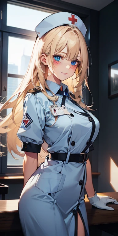 ((Best quality, 8k, Masterpiece: 1.3)), Highly detailed face and skin texture, Detailed eyes, textured skin, highres, nurse, hospital, nurse cap, smile, blue eyes, blonde, (syringe), (crazy, yandere), cowboy shot (top-quality), (ultra-detailliert), (masuter piece), (hight resolution), (Original), Character Design, 