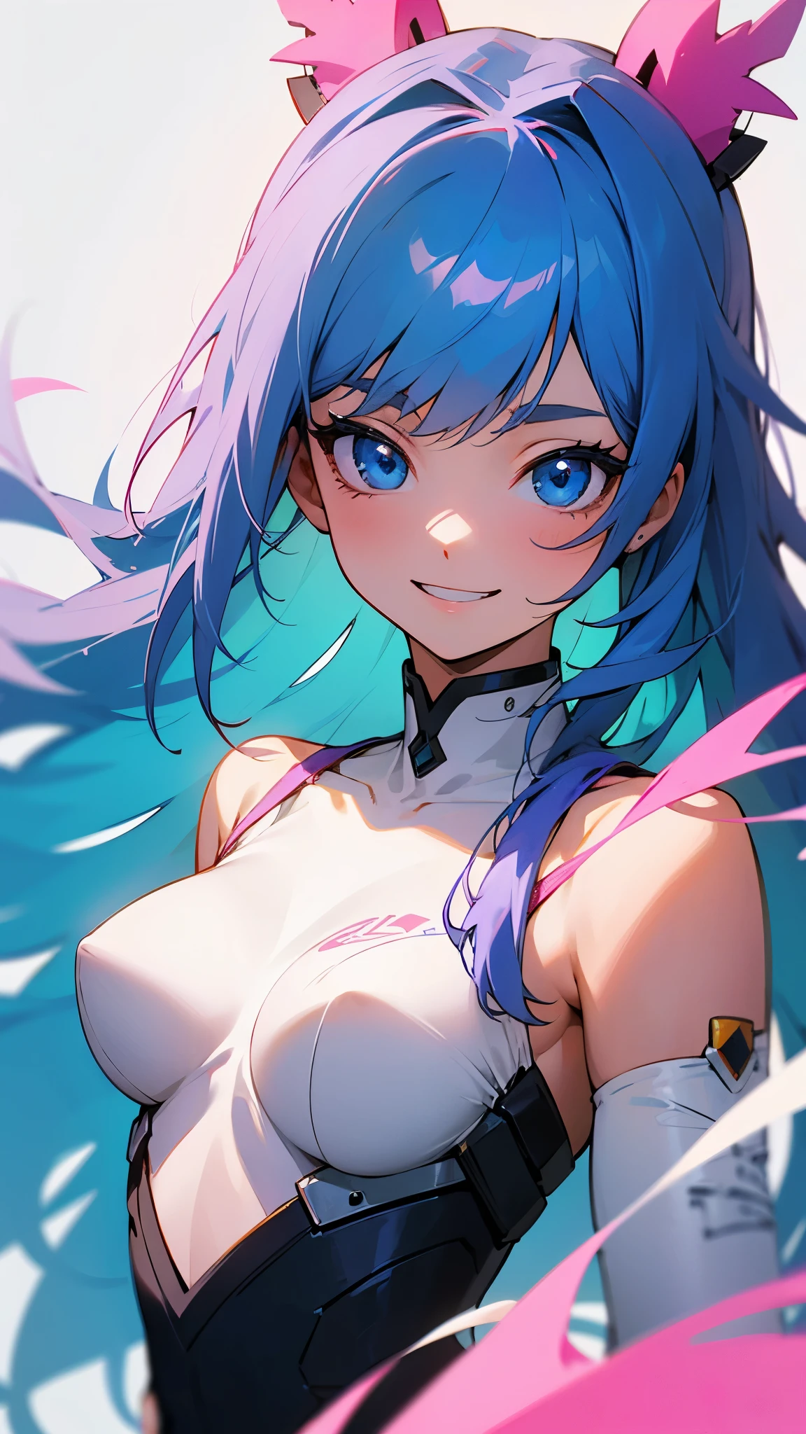 1 girl、Pink Hair、Beautiful Anime Girls、Small breasts、Long Hair、bangs、Blue Hair、Bright Blue Eyes、Upper body close-up、Grin