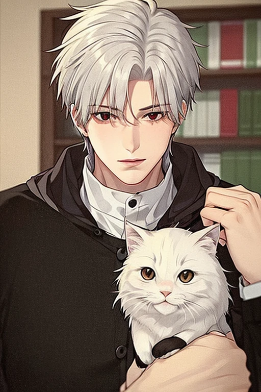 A young white haired handsome man with red eyes in a magic uniform is holding a black cat in the library