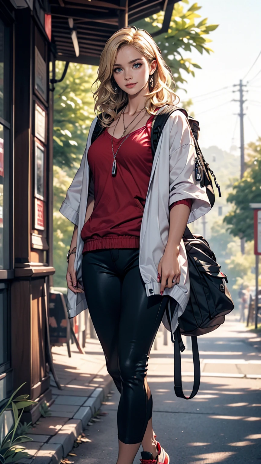 ((最high quality, 8K, masterpiece: 1.3, Ultra HD, high quality, 最high quality, High resolution, realism)) 、25-year-old Caucasian female、Platinum Blonde、blue eyes、Semi-long hair、Hair becomes wavy、smile、Slender but well-proportioned, slim and muscular body、I want my head to stay off screen、Wearing red nail polish、I have a peticure、halter neck((halter neck))Wear tops、chest emphasis、Wear low-rise black leggings、wear walking shoes、Backpack((Backpack))be burdened with、Walk along a dirt hiking trail with views of distant ridges、Wrap a towel around your neck、windbreaker((windbreaker))wear、smile