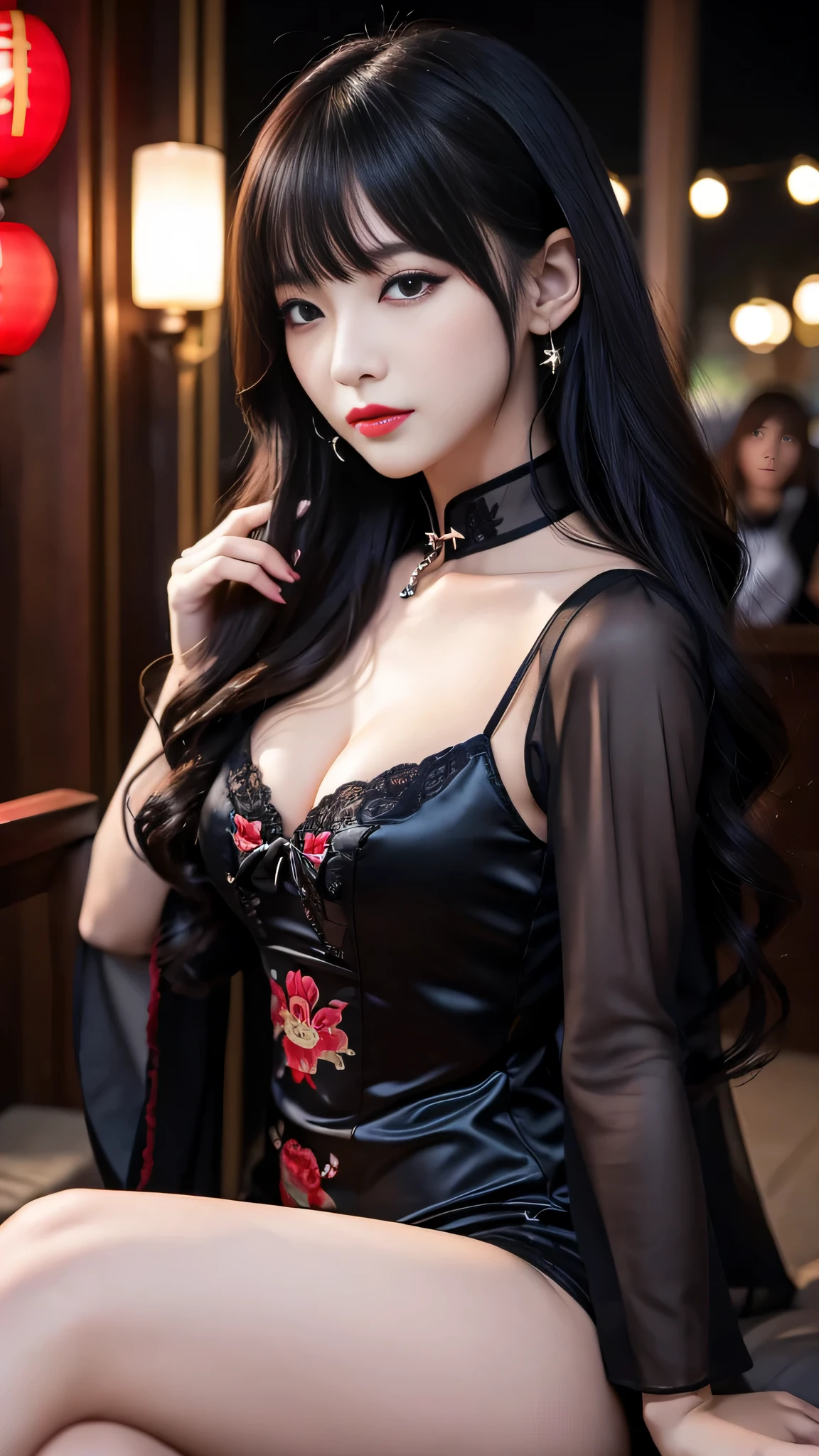 tra-detailed、Japanese、Attractive beauty、seductive adult woman、Pretty Woman、piercing eyes、cool girl、wavy hair、swept bangs、Long Black Cheongsam、Wide sleeves、Evil cadres、Fallen into evil、brainwash、mind control、lipstick、Lip gloss、dark makeup、smirk、Whisper in my ear、Evil expression、evil、hollow eyes,half-closed eyes、Hollow Eyes、evil、Church at night、Vampire、Succubus、vampire、Swear allegiance、Sexy pose、hair ornaments、