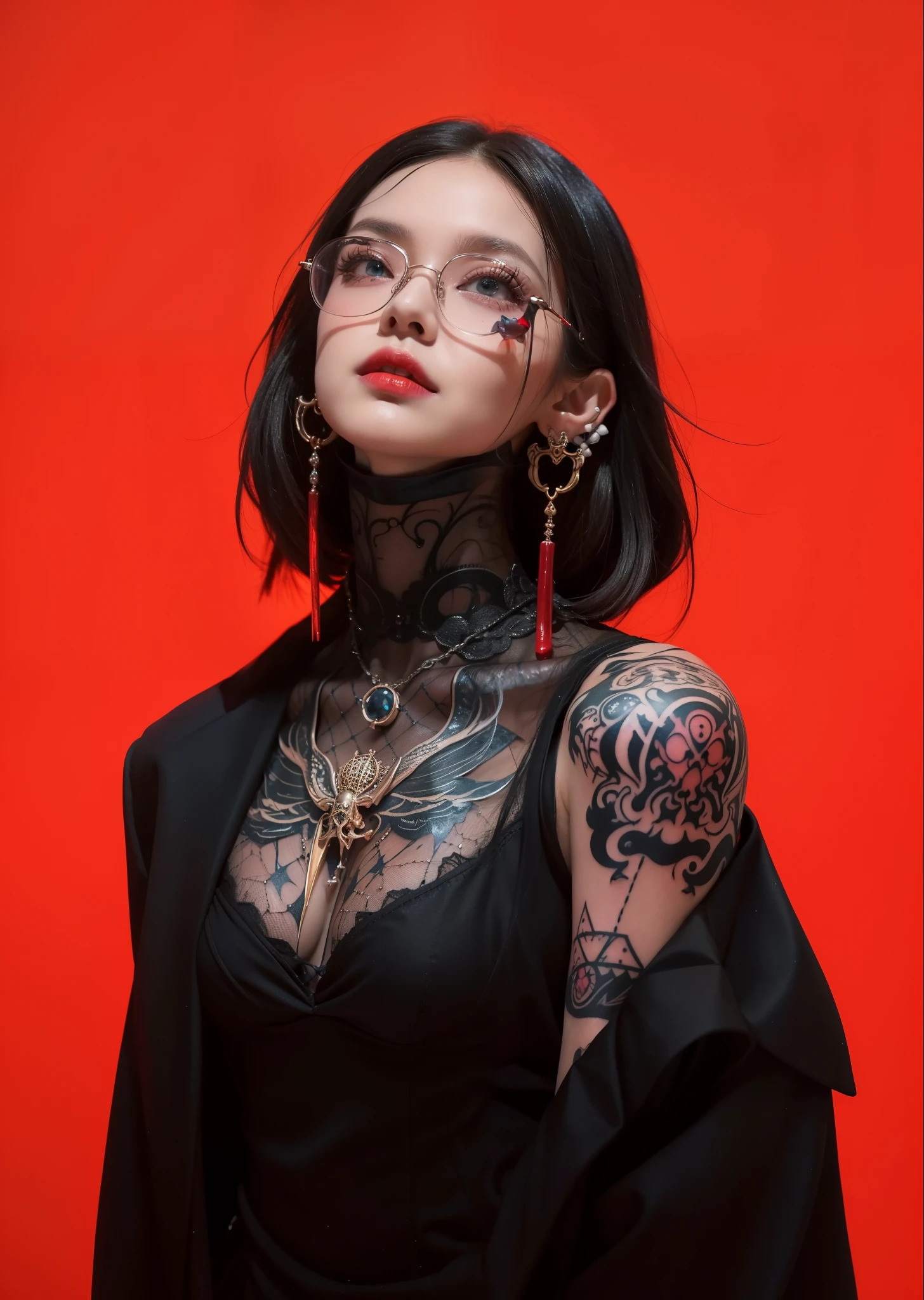 Detailed image quality,pandora witch,wing, Succubus Theme,堕落Angel,Excellent,scary,Secret Terror,Tentacles,With eyes,Uncanny Valley Effect,Blood Moon,skeleton,vampire,Hellfire,Dark Queen,Angel,magician magic witch,16岁Angel,eyes are blue(Pupils as deep as the starry sky),Gorgeous tattoo designs all over the body,tattoo queen,gorgeous clothes(Rich in details),wear glasses