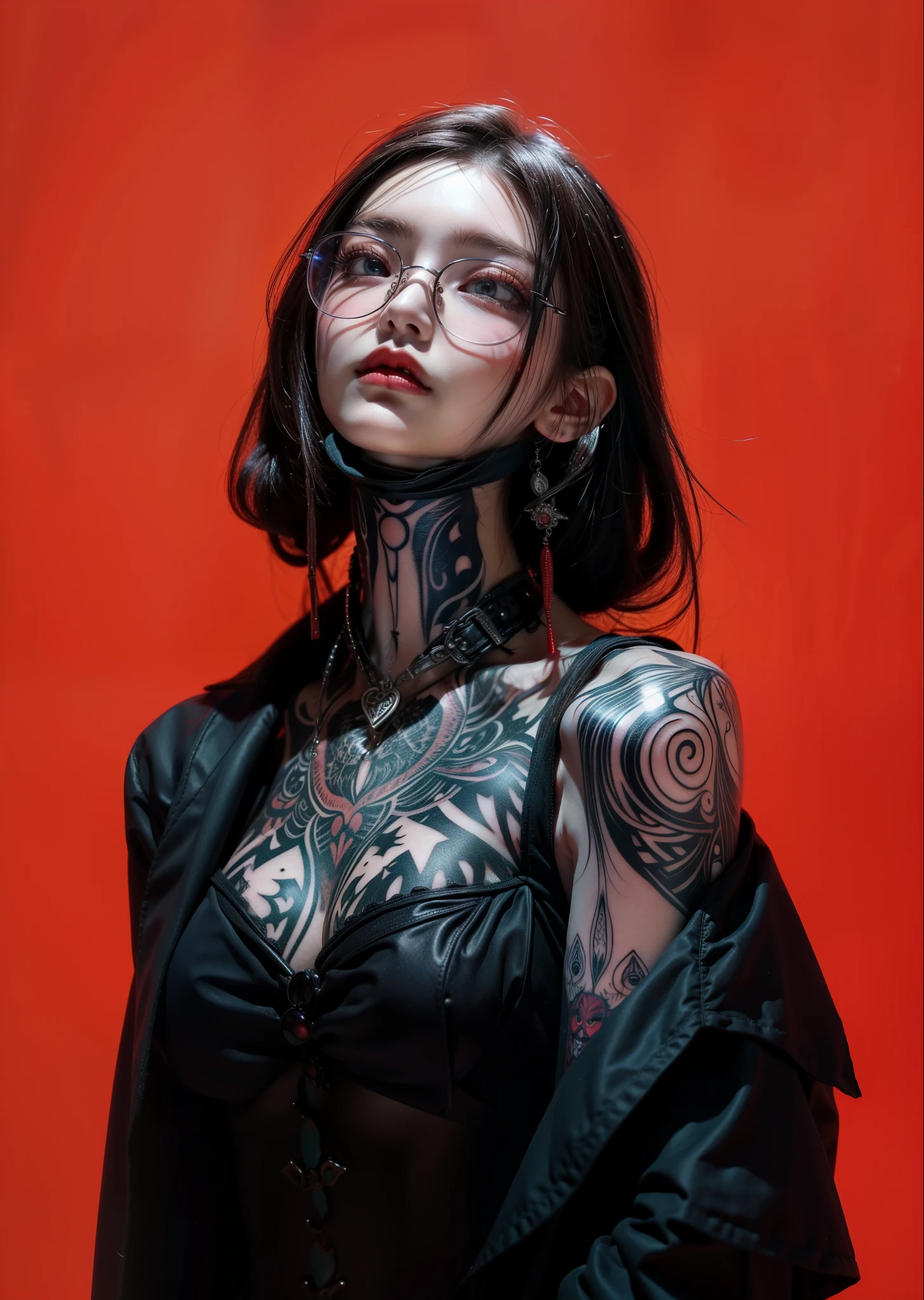 Detailed image quality,pandora witch,wing, Succubus Theme,堕落Angel,Excellent,scary,Secret Terror,Tentacles,With eyes,Uncanny Valley Effect,Blood Moon,skeleton,vampire,Hellfire,Dark Queen,Angel,magician magic witch,Angel,eyes are blue(Pupils as deep as the starry sky),Gorgeous tattoo designs all over the body,tattoo queen,gorgeous clothes(Rich in details),wear glasses