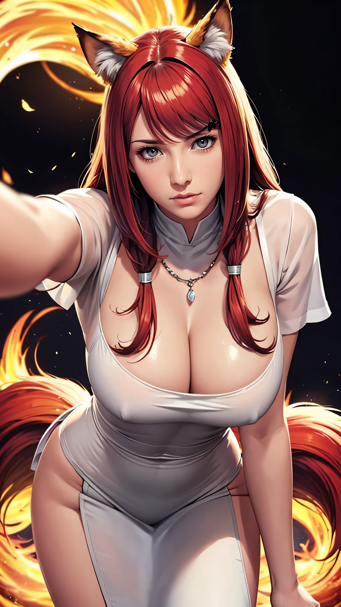 （（（完美figure，figure，（（（White skin，kurama,Pommeled Horse, abdominal muscles, red eyes, animal ears, body hair, colored sclera, fox ears, fox girl, fox tail, hairy, hairy female, fox, multiple tails, muscular, navel, orange fur, permanent, tail, tone, （（（shirt, dress,  white shirt, short sleeves, apron, bracelet, green apron, collar,））），））），（（（kushina, long hair, hair ornament, red hair, hairclip, (grey eyes:1.5), ））），((masterpiece)),high resolution, ((Best quality at best))，masterpiece，quality，Best quality，（（（ Exquisite facial features，Looking at the audience,There is light in the eyes，(（（Pain, patience, biting lips））)，））），型figure:1.7））），（（（Light and shadow，Huge breasts））），（（（Looking at the camera，black background，）））