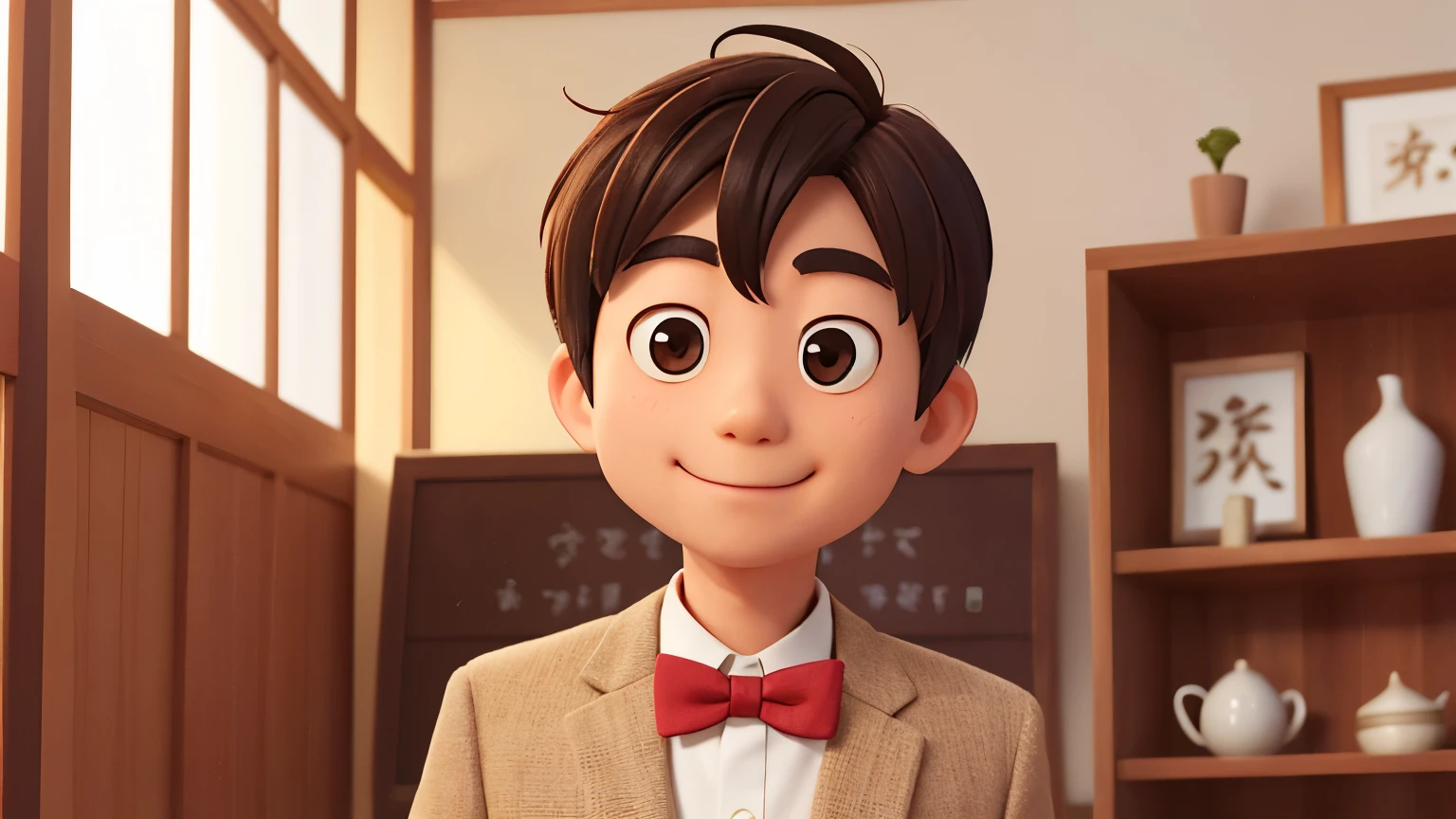 One neat and tidy Japanese man in his 50s, Small, Cute, round eyes、Smooth Skin, round face, The body is facing straight ahead towards the camera., looking at viewer, smile, Wearing a brown tweed blazer, White shirt with bow tie, The background is a clean and bright office