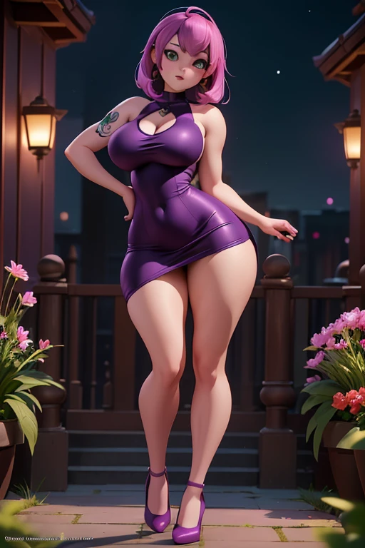 (best quality,highres,ultra-detailed),realistic,portraits,Asian girl,deep green eyes,detailed eyes,lips,tattooed arms,pink hair,elegant purple mini dress,purple shoes,big bust,big bottom. Full body, backgroud garden in the night. She's stand