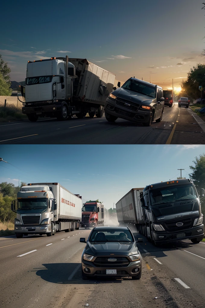 A truck moving at a high speed has a large momentum due to its mass and velocity. When the truck collides with a smaller car at an intersection, the transfer of momentum from the truck to the car causes the car to move in the direction of the truck. (Simple illustration) (Like a drawing of a beginner artist)