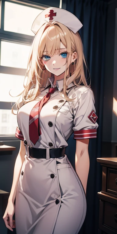 ((Best quality, 8k, Masterpiece: 1.3)), Highly detailed face and skin texture, Detailed eyes, textured skin, highres, nurse, hospital, nurse cap, smile, blue eyes, blonde, (syringe), (crazy, yandere), cowboy shot (top-quality), (ultra-detailliert), (masuter piece), (hight resolution), (Original), 