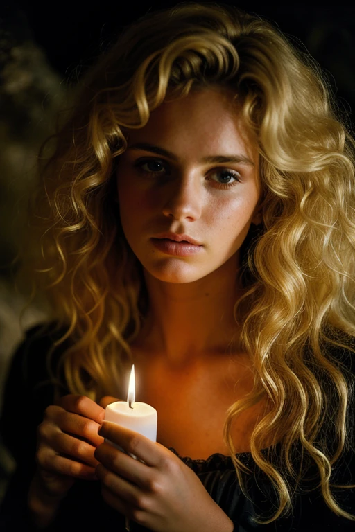 photograph of a woman, (troubled facial expression), textured skin, goosebumps, blonde afro hair, , cowboy shot, dark and mysterious cave with unique rock formations and hidden wonders, perfect eyes, (candlelight,chiaroscuro), Porta 160 color, shot on ARRI ALEXA 65, bokeh, sharp focus on subject, shot by Don McCullin