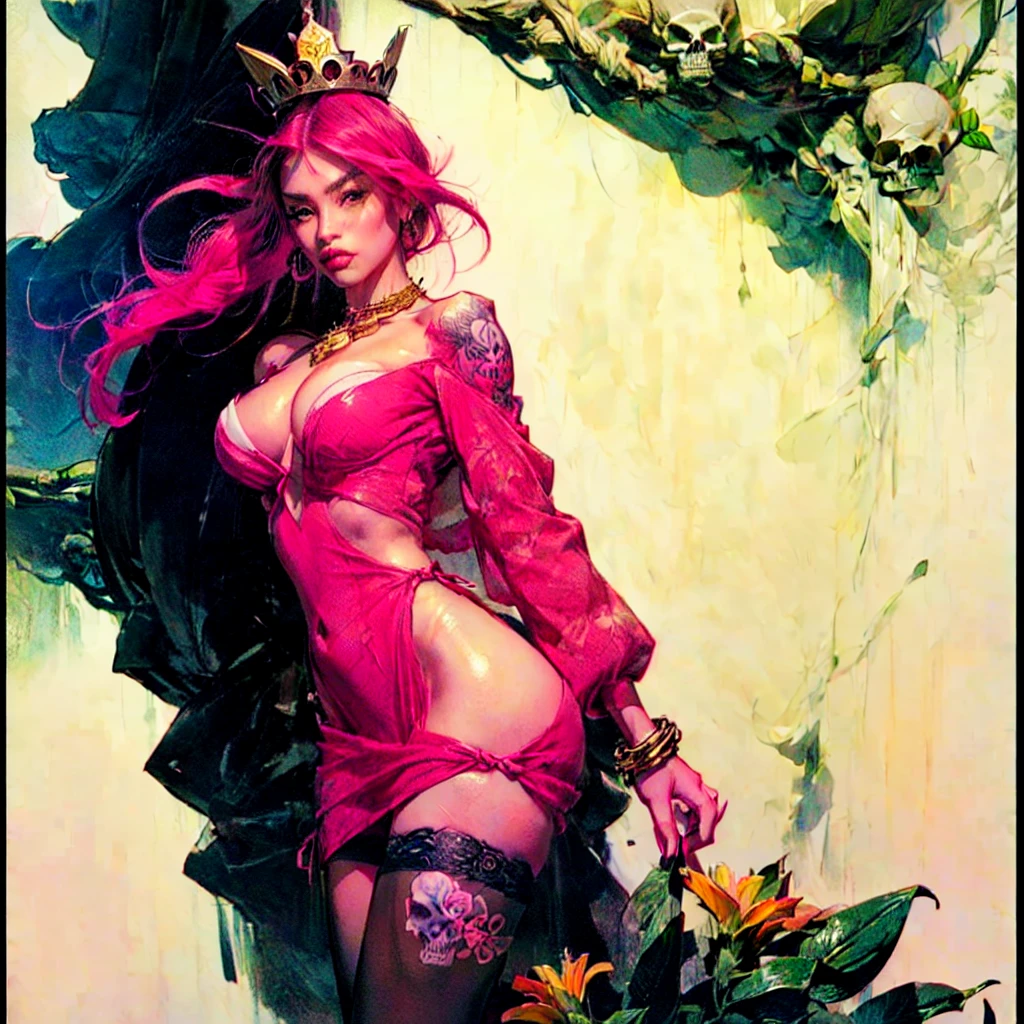 ((Create a picture, a masterpiece), (1 girl - standing at full height, relaxed pose), (Girl with long pink hair, crown, princess, detail), (1 girl, tattoos, glowing tattoos, shiny, white-fluffy 16 +), (pink transparent short dress-clothes)) (sexy, erotic), (cute style, colorful))_((long pink hair, braided), (Best quality ), (intricate details))_((Red and white clothes)), ((clothes)), ((thigh-high stockings)), ((Round eyes)), ((Beautiful face, happy, cute face)), (pin-up, perfect face, portrait on a plain background, postcards, bubblegum))_((tattoos, down clothes:1.2))_((green:1.5, orange:1.1, white:1.3, yellow:1,3), (flowers, leaves, fog, lines, circles, background)) _((stylization; clear line, clear outline, high-quality line drawing))_((simple color palettes), (color fill, Saturation of color, harmony, balance), (rich pastel colors, Pure colors))_((sexy, erotic), (simple), (Necklaces and thin rings made of silver or gold), (bracelets, unusual designs))_(( background), (skulls, Flowers), (abstract), (stunning flowers), (lilies, extremely unusual, long stems - large stems, skulls, Flowers)).