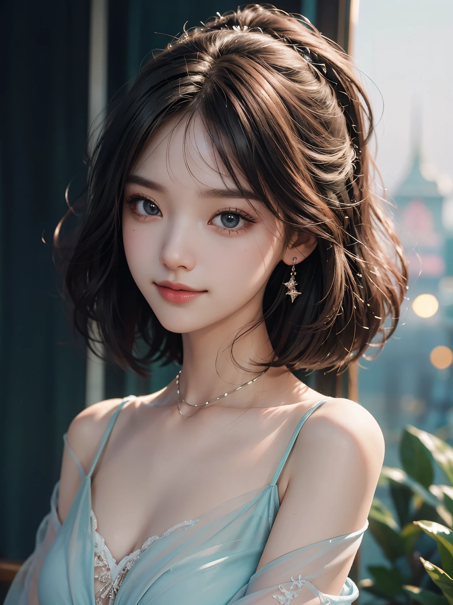 （fluorescent color：1.4），（translucent：1.4），（Retro filter：1.4），（peculiar：1.4），（Photo of a woman，1 girl：1.2），Off-shoulder，Movie Lighting, Smile,Short hair details，Black shawl straight hair，Side bangs，HD details、Super detailed、Movie Lighting、Surrealism、Soft Light、Deep field focus bokeh，is a perfect face，Beautiful face，beautiful eyes，（（perfect female body）），Candyland Disneyland，Ethereal、Softness、fluffy、softscape，pale pink sky，green and blue gloss，Elegant light powder，Whimsical rainbow brilliance、Star，diamond sparkle，Gemstone background，(Hyper-photorealism)、(Super quality)、Movie Lighting，Rich in details，Full HD，Sufficient lighting，