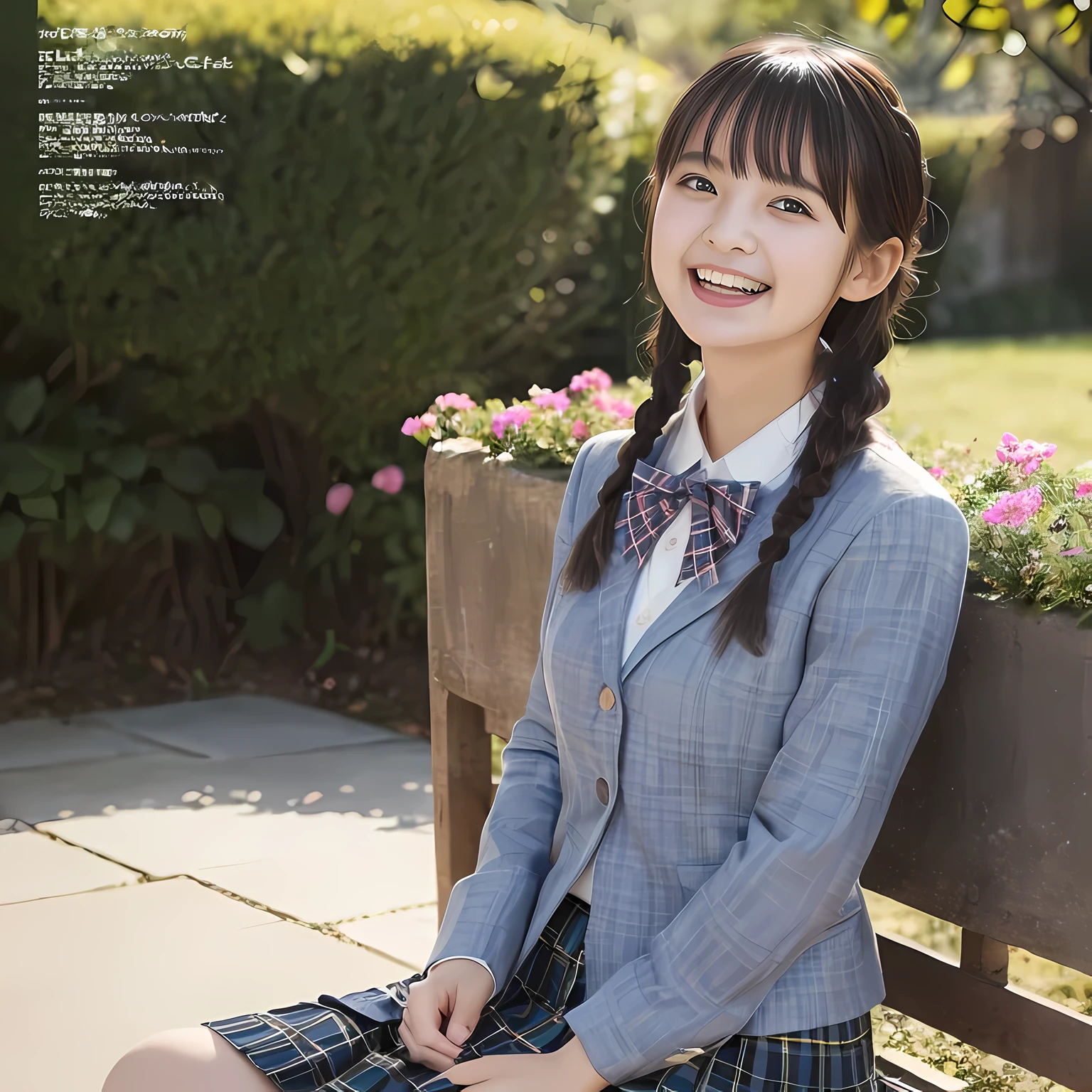 (highest quality、masterpiece:1.2)、highest quality、realistic、photograph、High resolution、1080p、8K、The face is especially pale., physical rendering、((Height: 155cm)), one Japanese girl、((A 15-year-old Japanese junior high school student is sitting)), (((Fashion model in a Japanese magazine))), , (((big very detailed beautiful dark brown eyes))), ((blue girly large wine-red glossy polyester Japanese school ribbon bow tie)), (((black beautiful long twin braids hair))), ((((deep blue colored tartan checkered formal long pleated pleated skirt)))), ((A unpatterned formal dark blue blazer in solid that is slightly oversized and has an emblem on the left chest.)), ((((((laughing at me!)))))), mouth is open, The large blazer and skirt are very cute., detailed fingers, Slender body, ((curled bangs)), so beautiful, long eyelashes, ((Very big and very very very cute eyes of a Japanese girl)), ((large pupils)), double eyelids, The entire skirt is photographed, thin eyebrows, ((drooping eyes)), ((long eyelashes)), ((cute lovely lovely laughing laughing cheeks)), ((Pure white light hits her face from above and in the front, making her skin and eyes shine beautifully.)), ((Strong light hits the nose and cheeks、It brings out the richness of the expression.)), (((((Her face is expressive, pure and very intelligent.))))), (((shot from behind)))