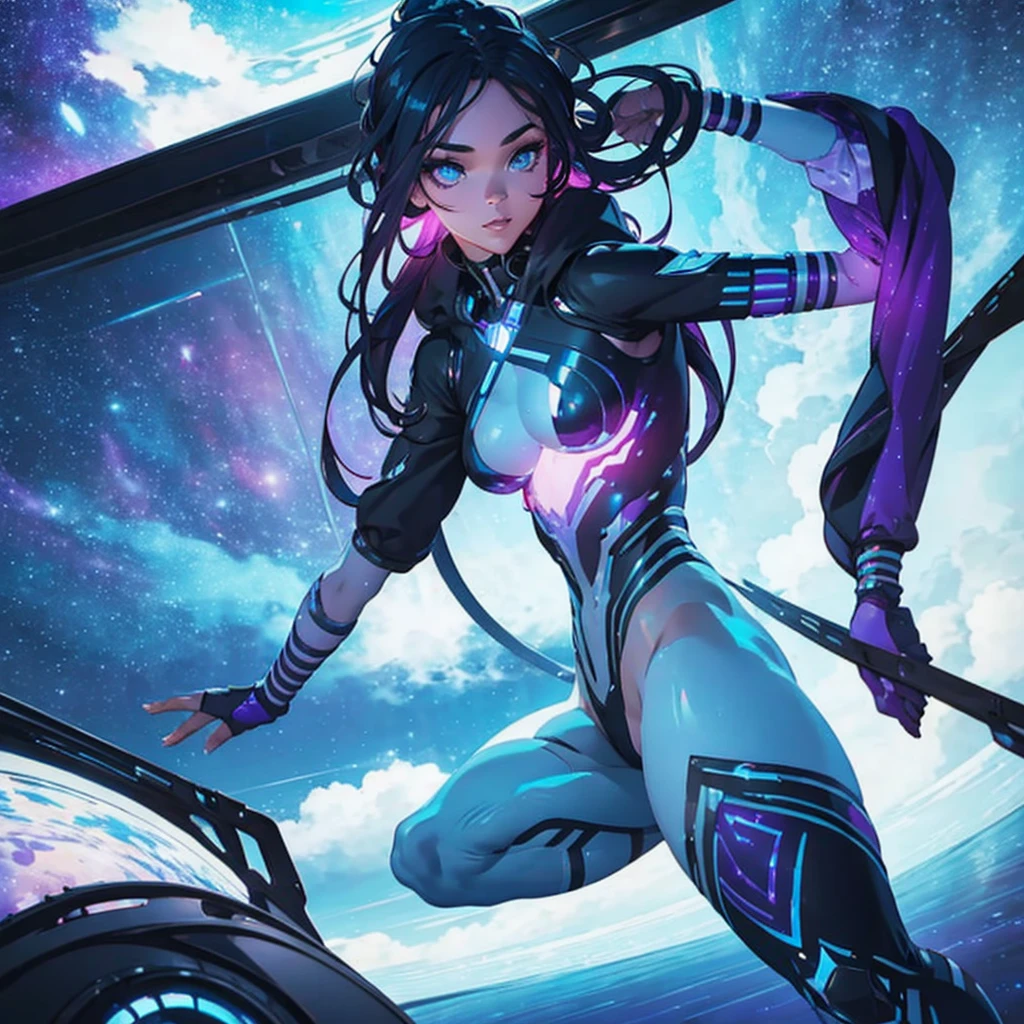 A busty woman, aged 40, from Malaysia, wearing a sexy space micro bikini with a hijab covering her hair, is looking out of a window on her spaceship. The window overlooks a blurred motion of the outside, indicating a high-speed interstellar journey. The woman's confident gaze and the expression on her face suggest a sense of adventure and excitement. The window is surrounded by blinking lights and high-tech gadgets, showcasing the advanced technology and futuristic aesthetic of the spaceship. The lights create a mesmerizing display, illuminating the woman's face and highlighting her intriguing presence. The space suit she wears sexy, small, sleek and form-fitting, emphasizing her curves and adding to the overall sensuality of the scene. The colors in the artwork are vibrant and dynamic, representing the vastness and beauty of the cosmos. Soft, ethereal blues and purples dominate the color palette, with occasional pops of bright and vivid colors. The lighting inside the spaceship is dim and atmospheric, casting dramatic shadows and enhancing the overall ambiance of the scene. The space ship itself is a marvel of engineering and design, with clean lines and futuristic shapes, seamlessly blending function and aesthetics. Overall, the prompt captures a compelling mix of sensuality and high-tech futurism, creating a visually stunning and captivating scene.